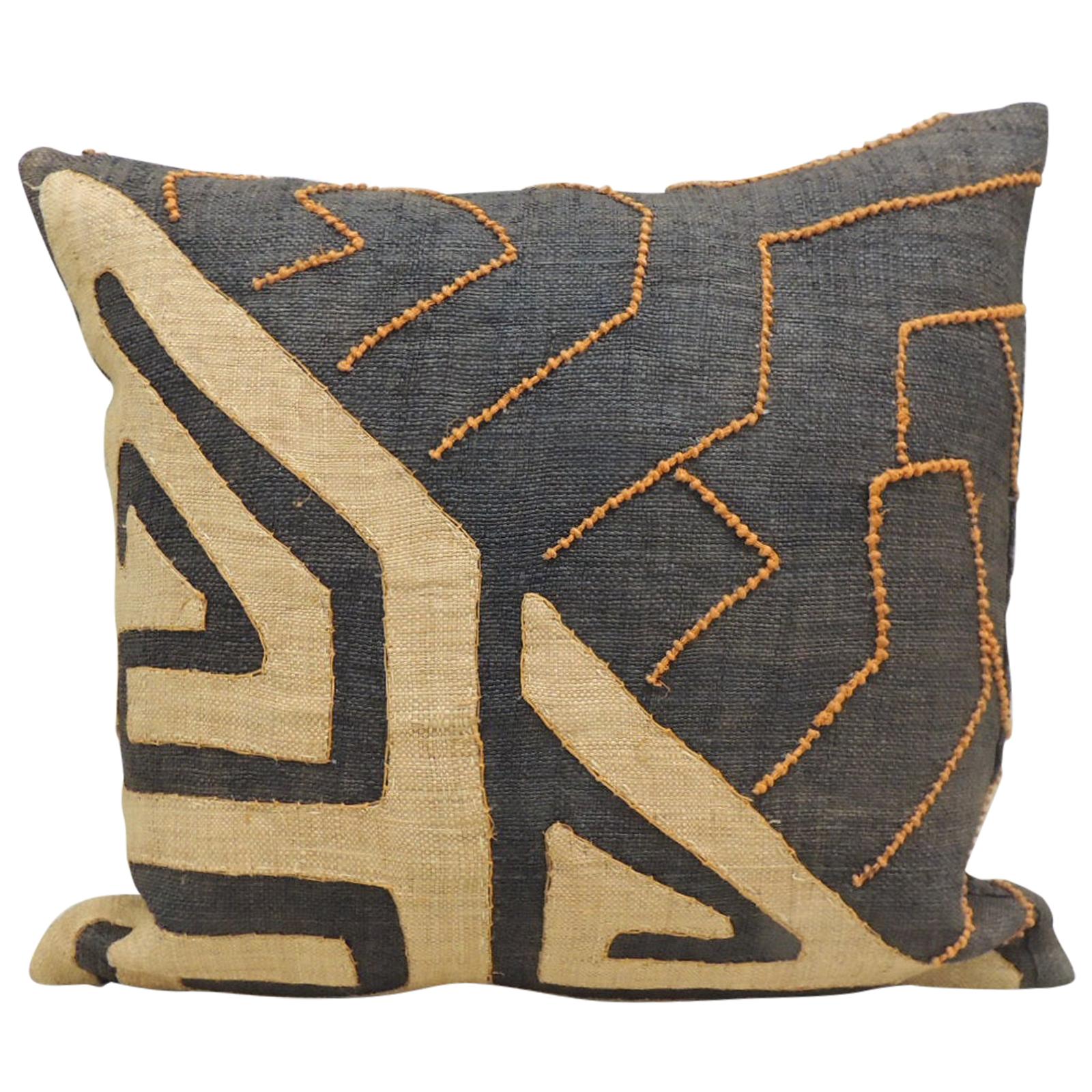 Vintage Kuba Orange and Black Handwoven Patchwork African Decorative Pillow