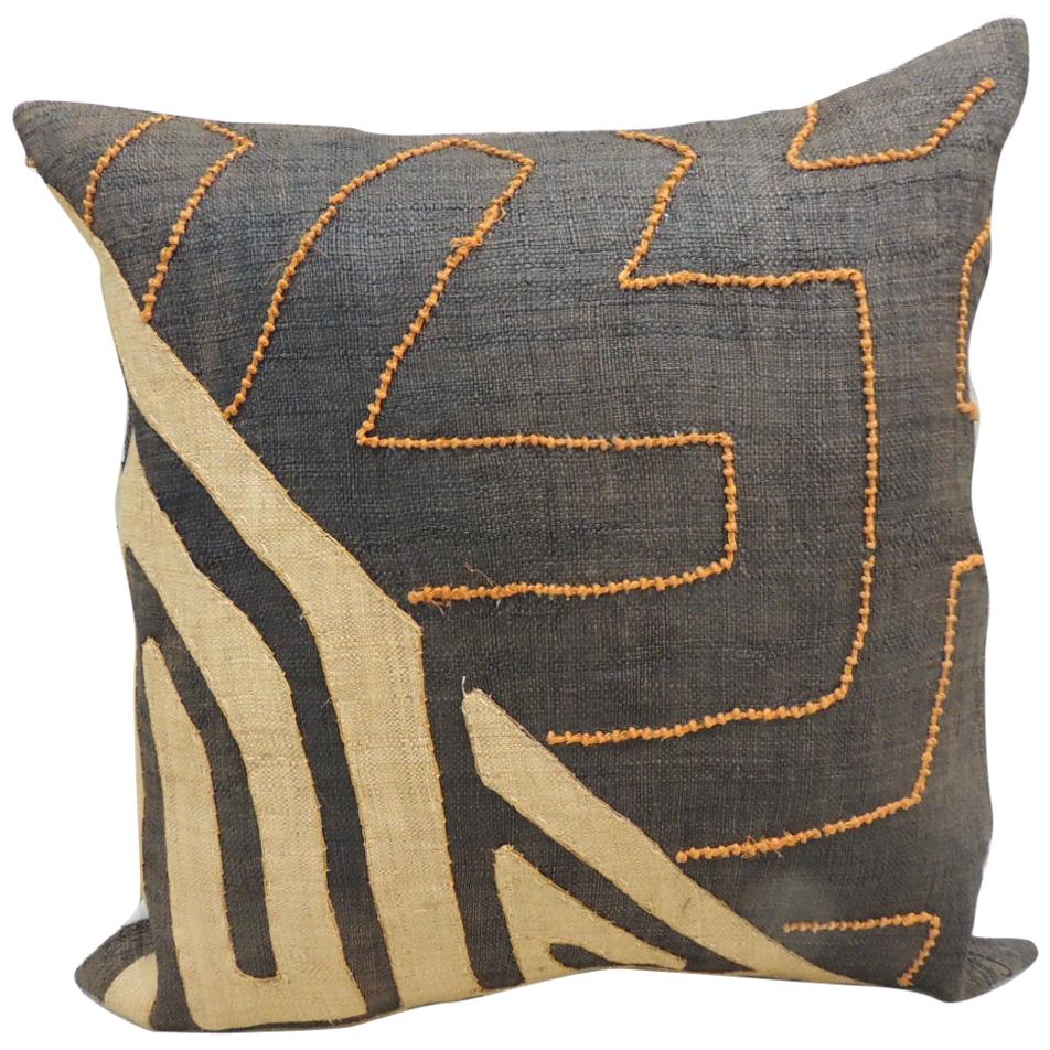 Vintage Kuba Orange and Black Handwoven Patchwork African Decorative Pillow