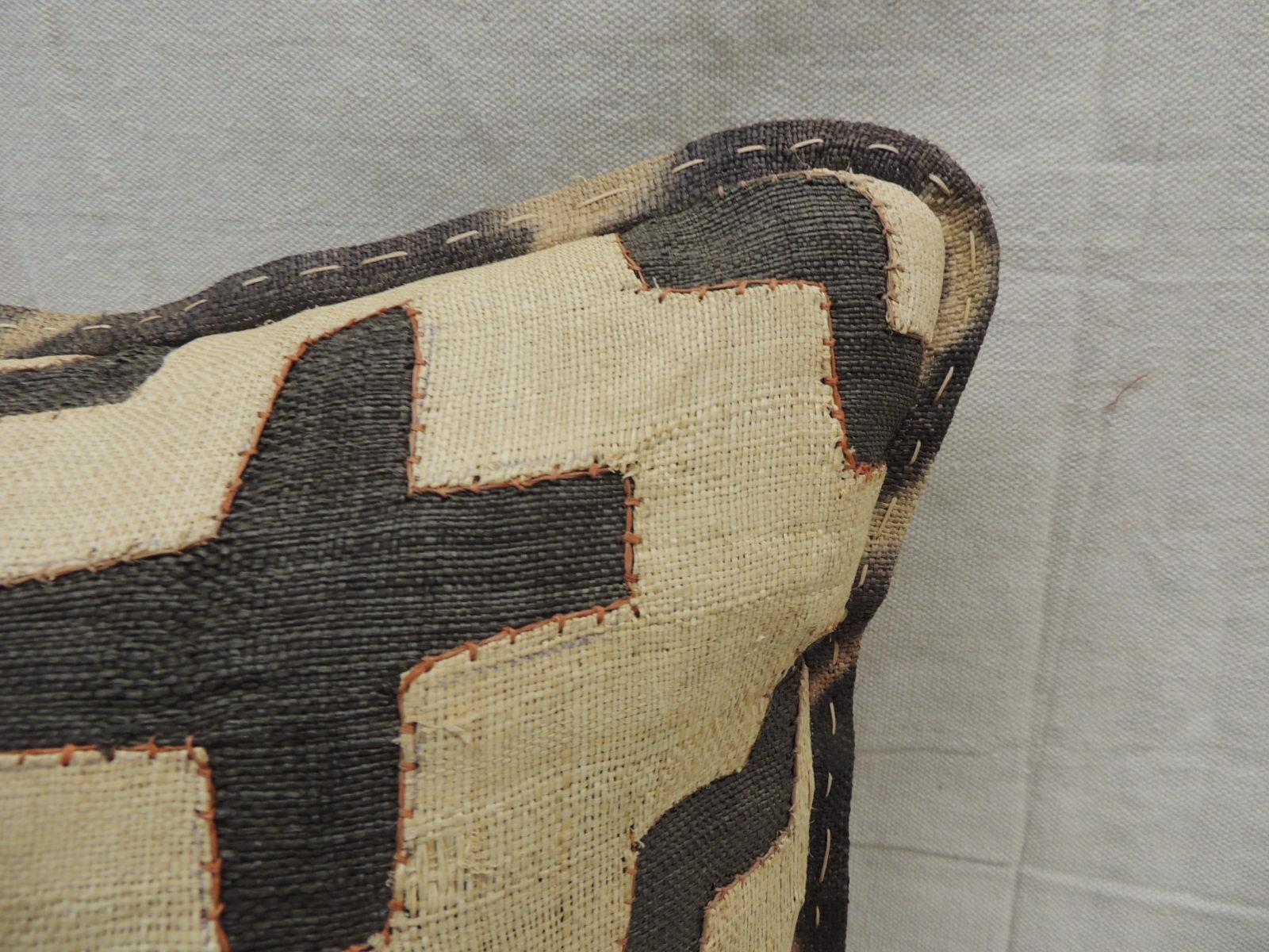 Tribal Vintage Kuba Tan and Black Handwoven Patchwork African Decorative Pillow