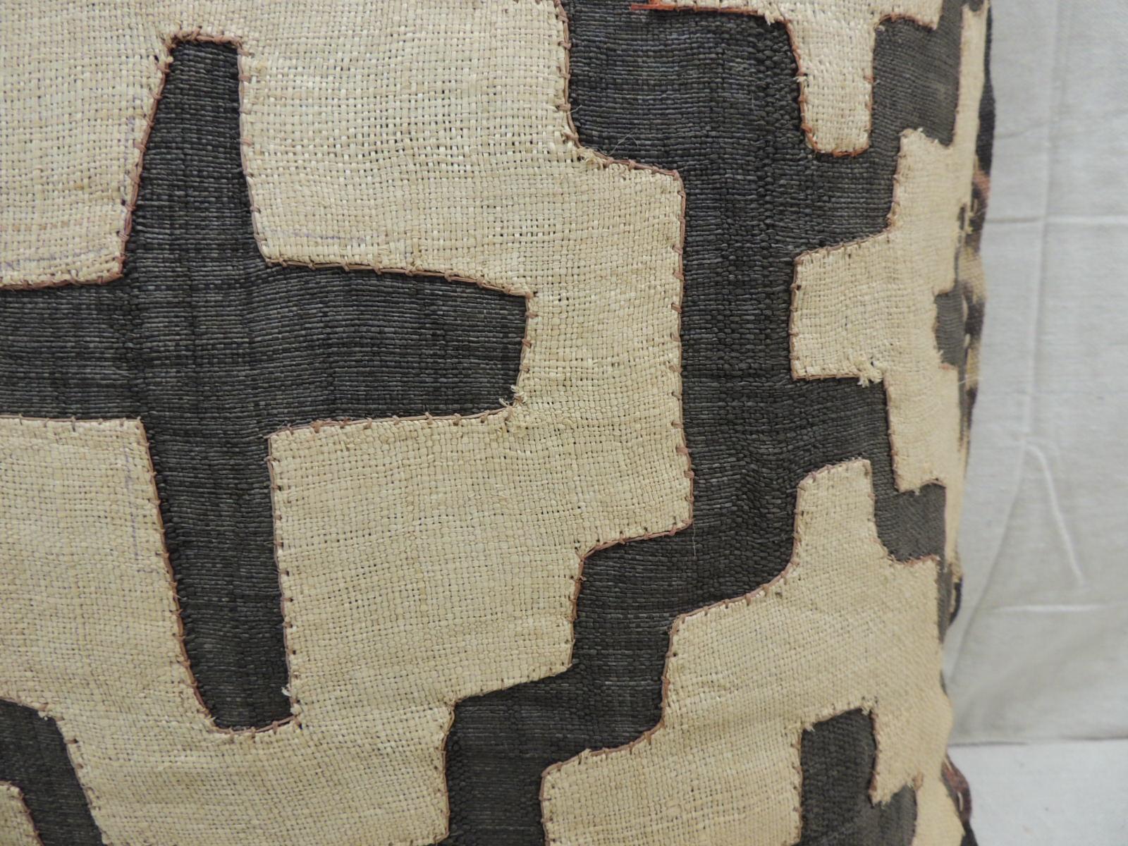 Hand-Crafted Vintage Kuba Tan and Black Handwoven Patchwork African Decorative Pillow