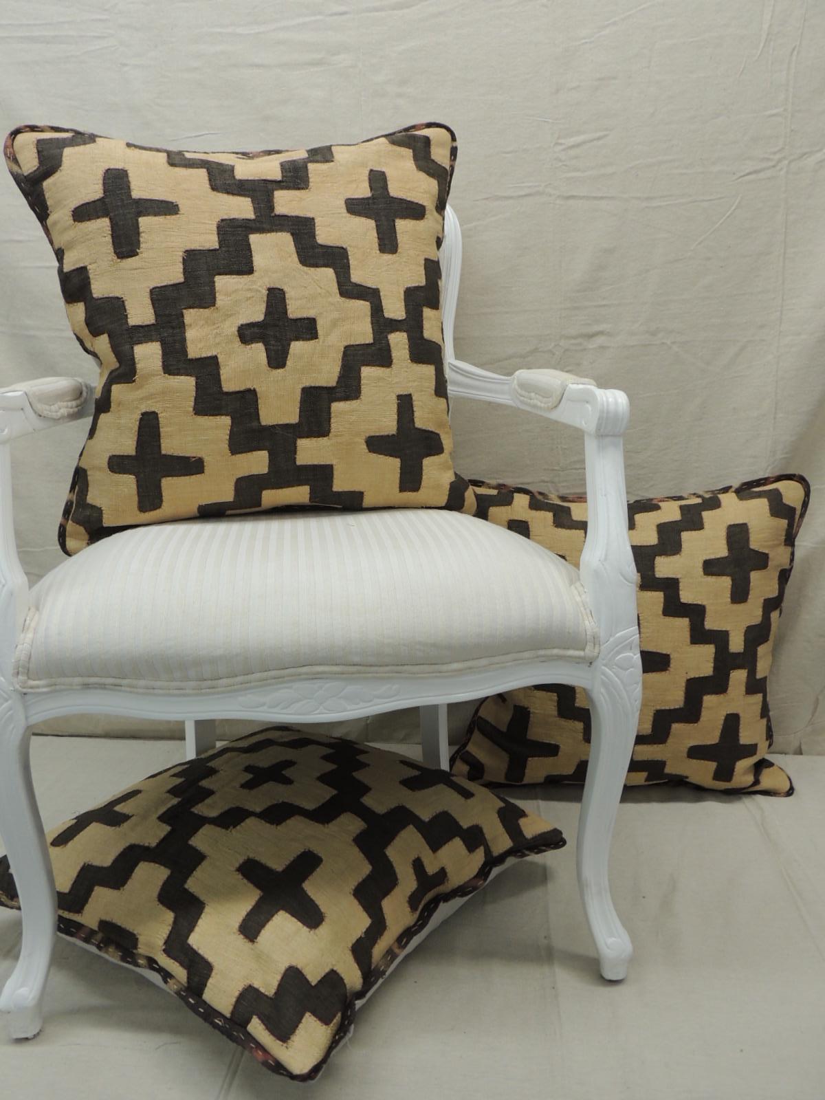 Hand-Crafted Vintage Kuba Tan and Black Handwoven Patchwork African Decorative Pillow