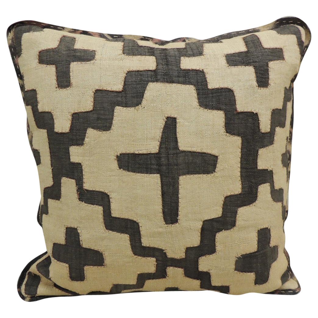 Vintage Kuba Tan and Black Handwoven Patchwork African Decorative Pillow