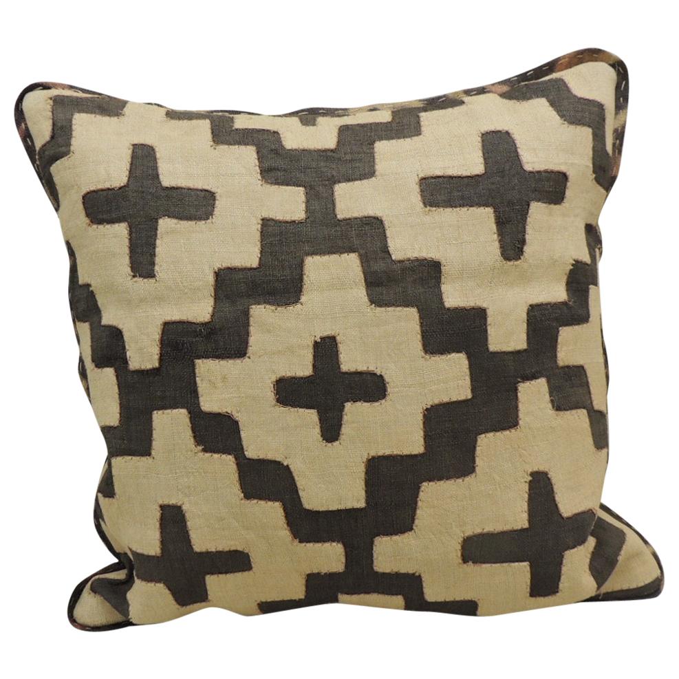 Vintage Kuba Tan and Black Handwoven Patchwork African Decorative Pillow