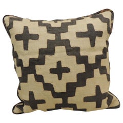 Vintage Kuba Tan and Black Handwoven Patchwork African Decorative Pillow