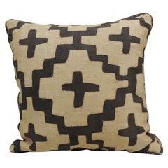 Vintage Kuba Tan and Black Handwoven Patchwork African Decorative Pillow