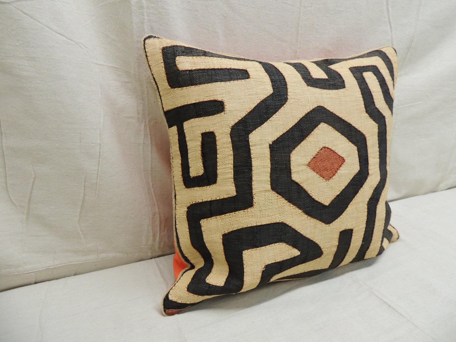 Tribal Vintage Kuba Tan and Black Handwoven Patchwork Square African Decorative Pillow