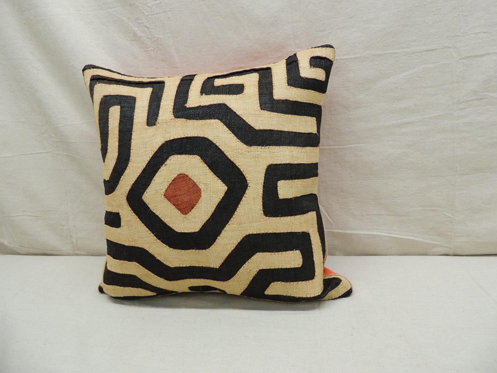 Hand-Crafted Vintage Kuba Tan and Black Handwoven Patchwork Square African Decorative Pillow