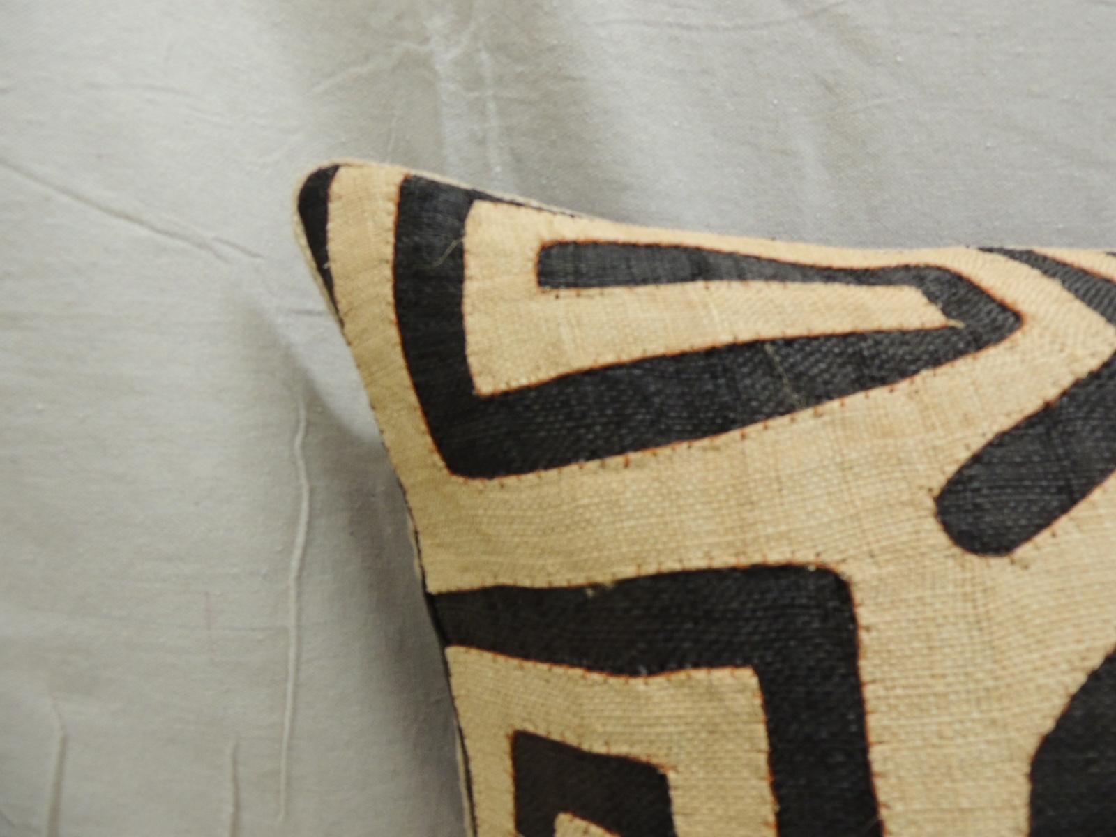 Hand-Crafted Vintage Kuba Tan and Black Handwoven Patchwork Square African Decorative Pillow