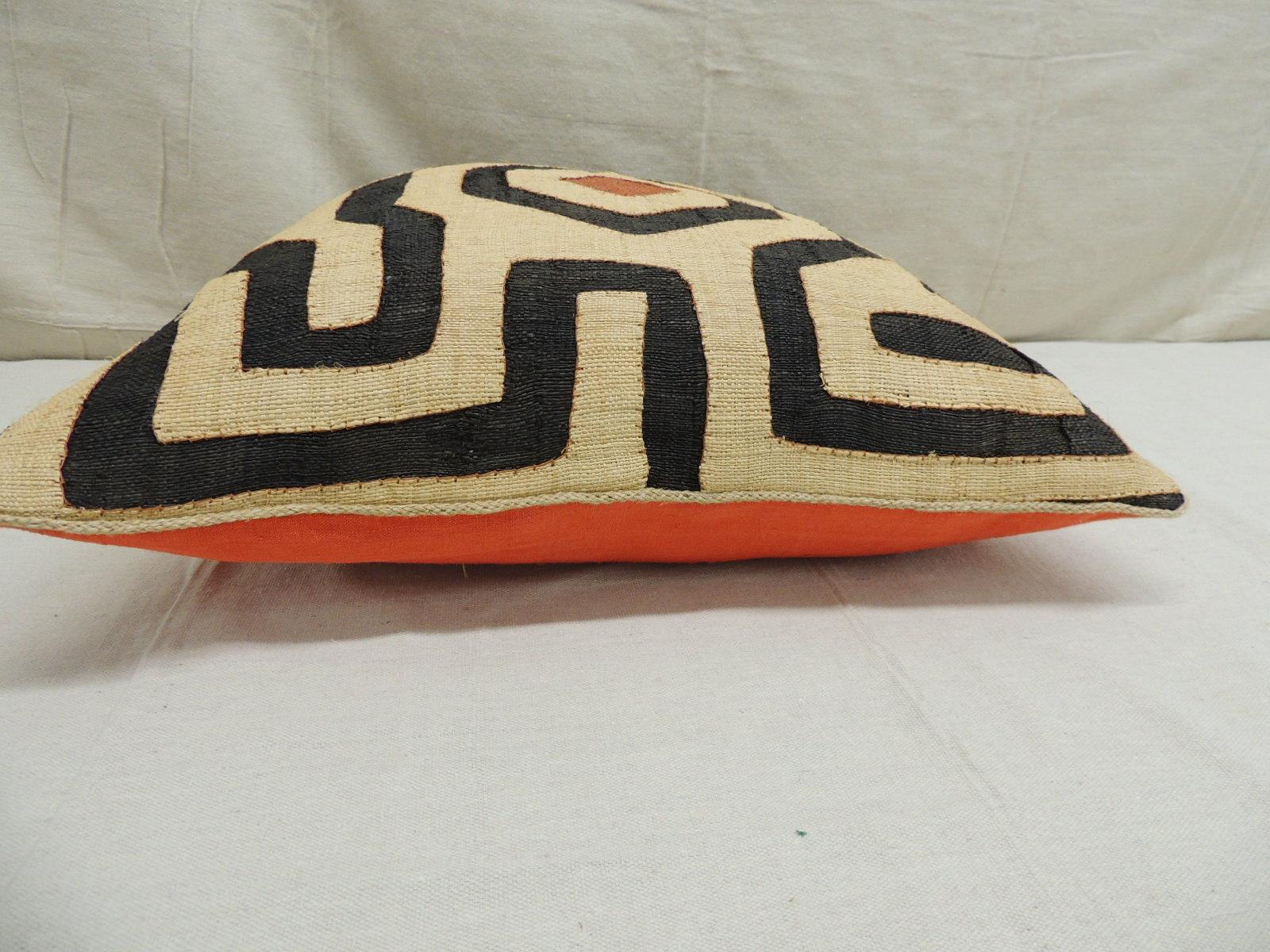 Vintage Kuba Tan and Black Handwoven Patchwork Square African Decorative Pillow In Good Condition In Oakland Park, FL