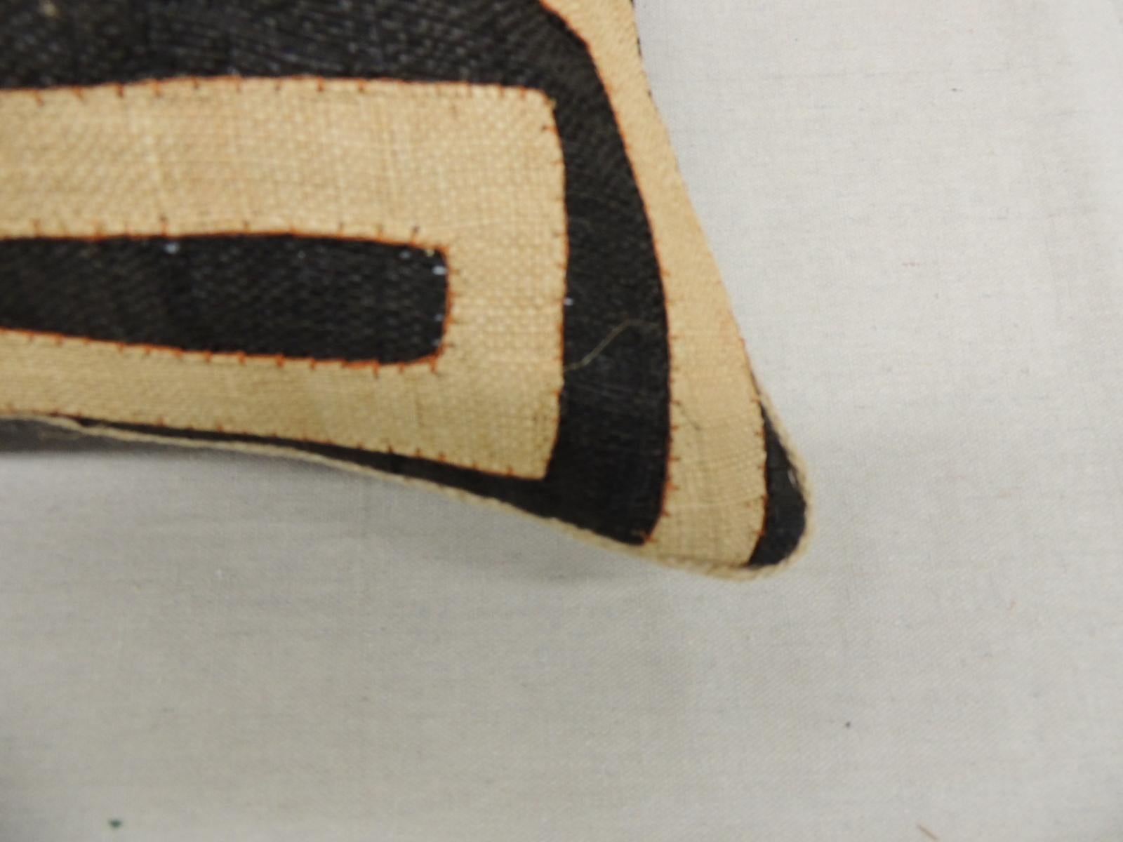 Late 20th Century Vintage Kuba Tan and Black Handwoven Patchwork Square African Decorative Pillow