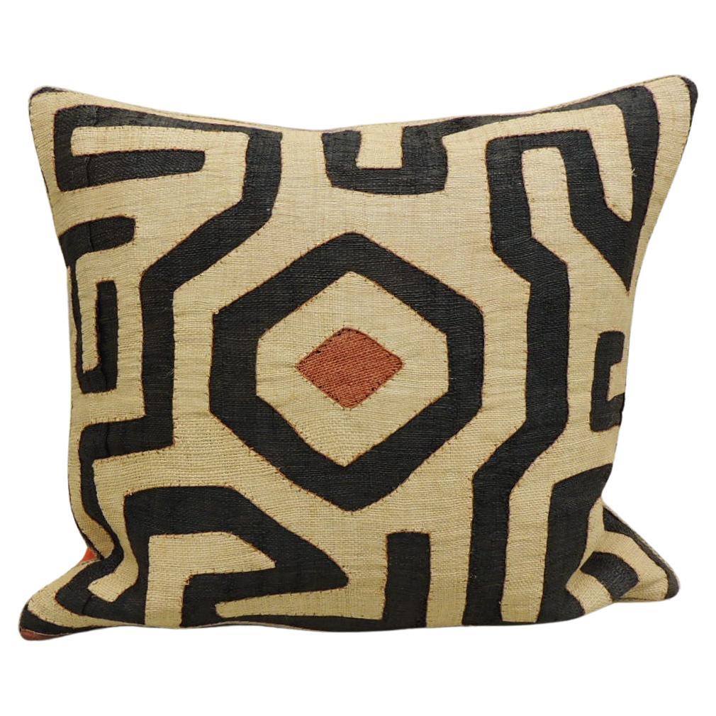 Vintage Kuba Tan and Black Handwoven Patchwork Square African Decorative Pillow