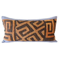 Vintage Kuba Tan and Brown Handwoven African Bolster Decorative Pillow