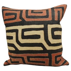 Vintage Kuba Tan and Red Handwoven Patchwork Square African Decorative Pillow