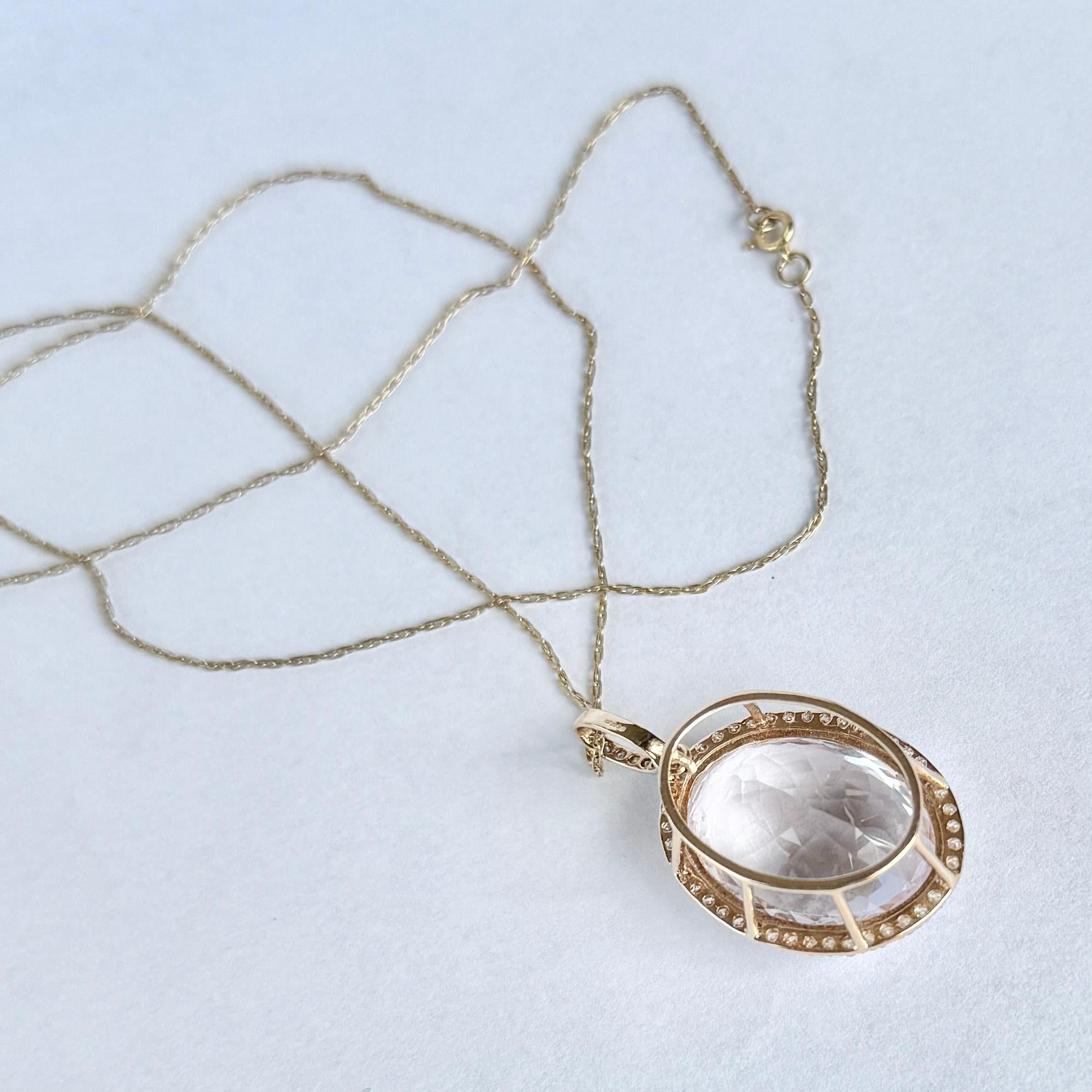 Vintage Kunzit und Diamant-Anhänger an einer 9 Karat Goldkette (Ovalschliff) im Angebot