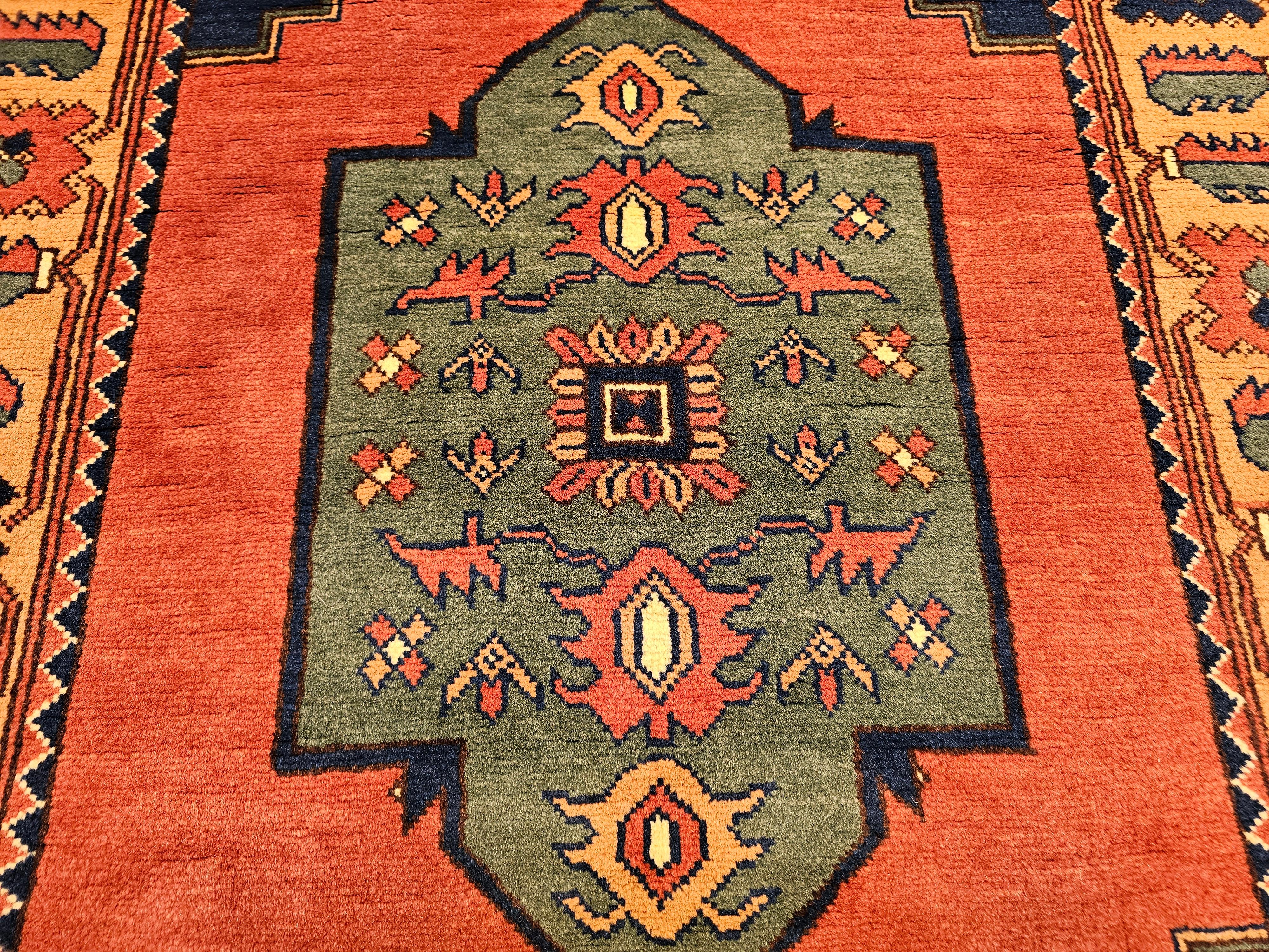 Vintage Kurdish Area Rug in Geometric Pattern in Brick, Camel, Green, Navy For Sale 3