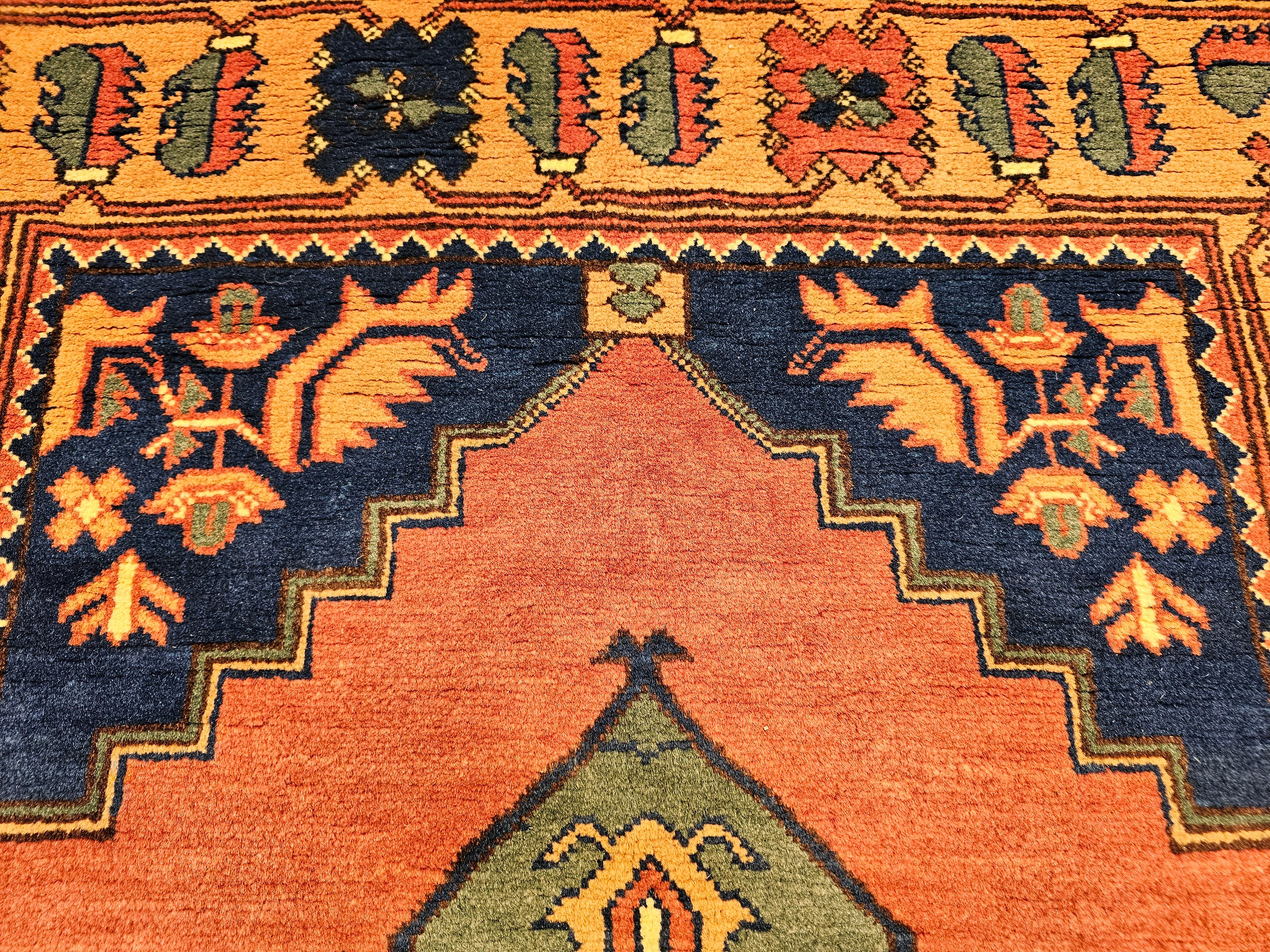 Vintage Kurdish Area Rug in Geometric Pattern in Brick, Camel, Green, Navy For Sale 4
