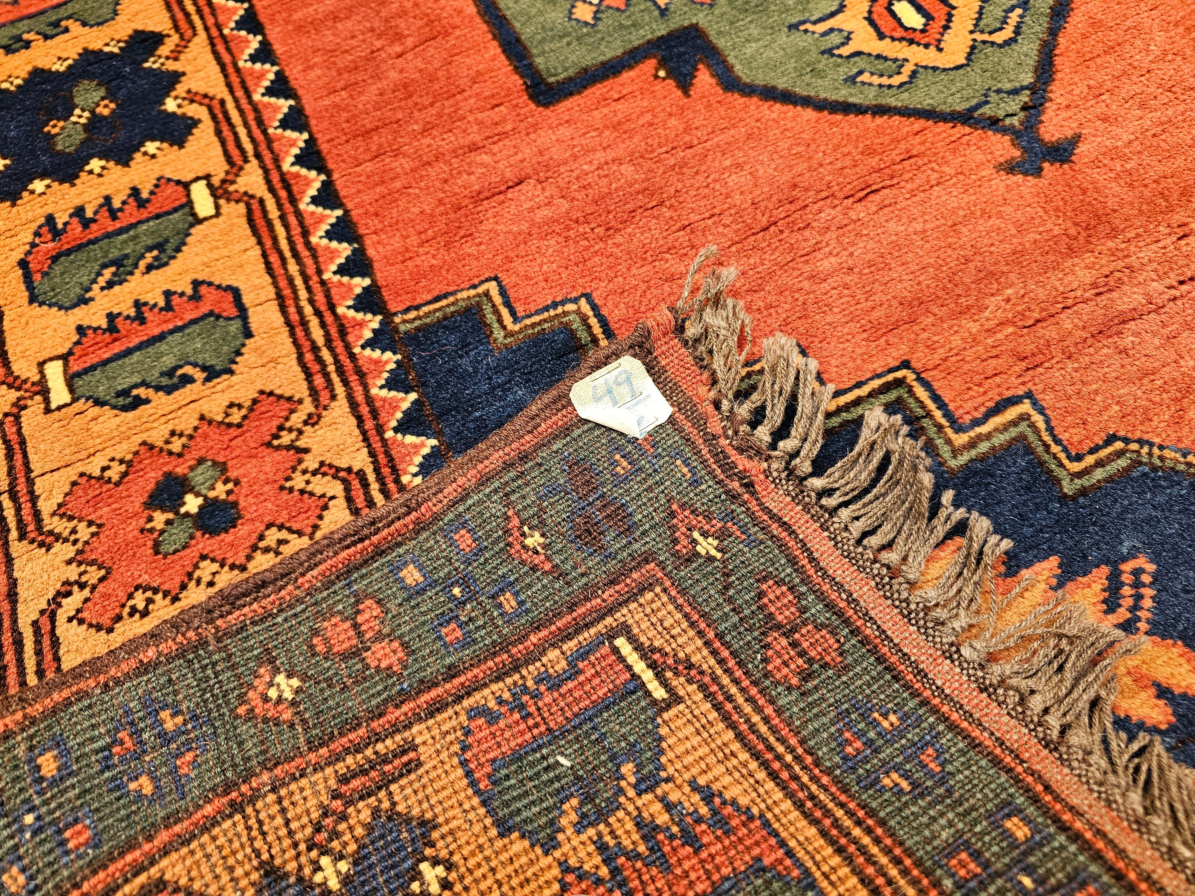 Vintage Kurdish Area Rug in Geometric Pattern in Brick, Camel, Green, Navy For Sale 5