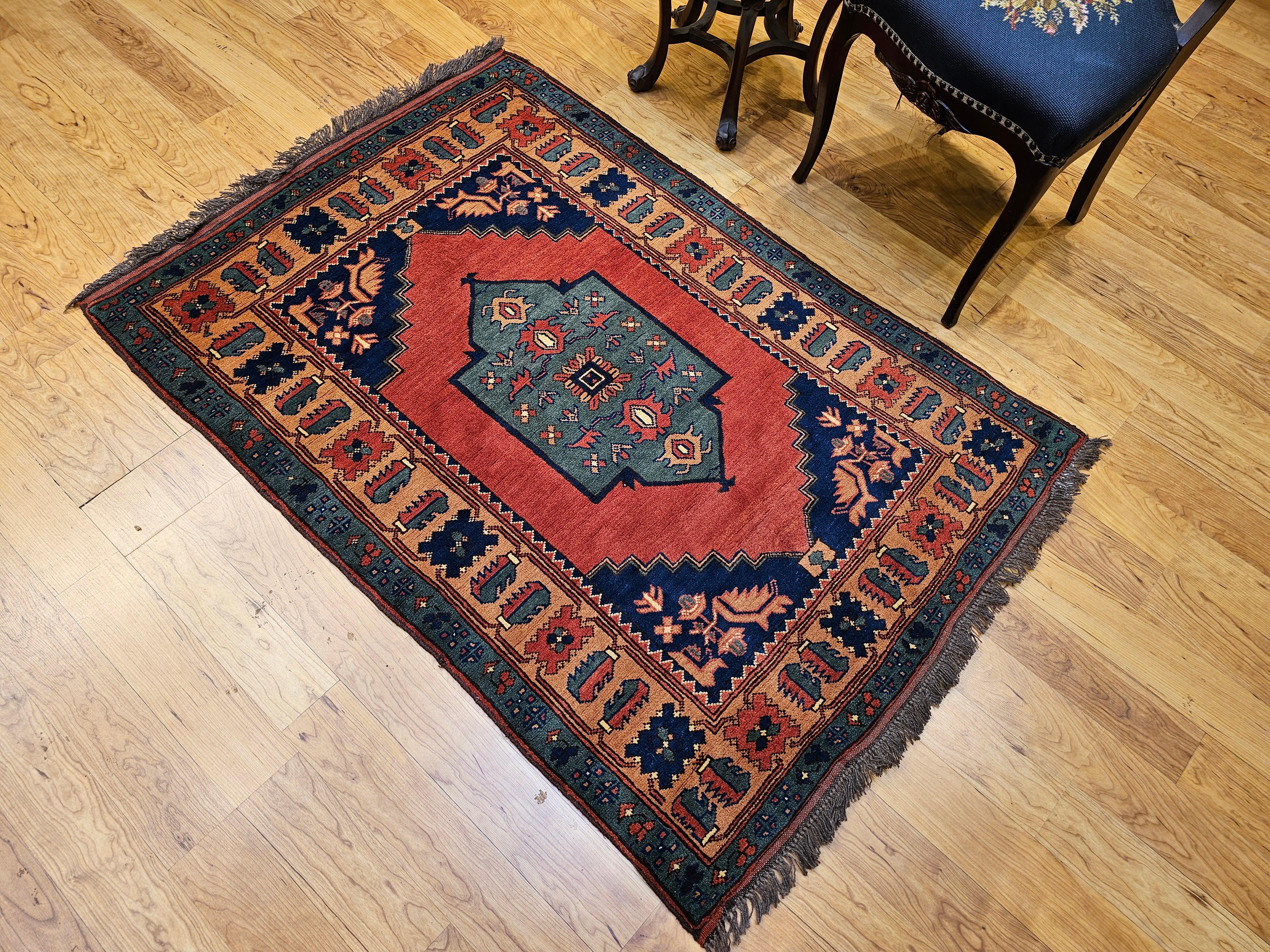 Vintage Kurdish Area Rug in Geometric Pattern in Brick, Camel, Green, Navy For Sale 6