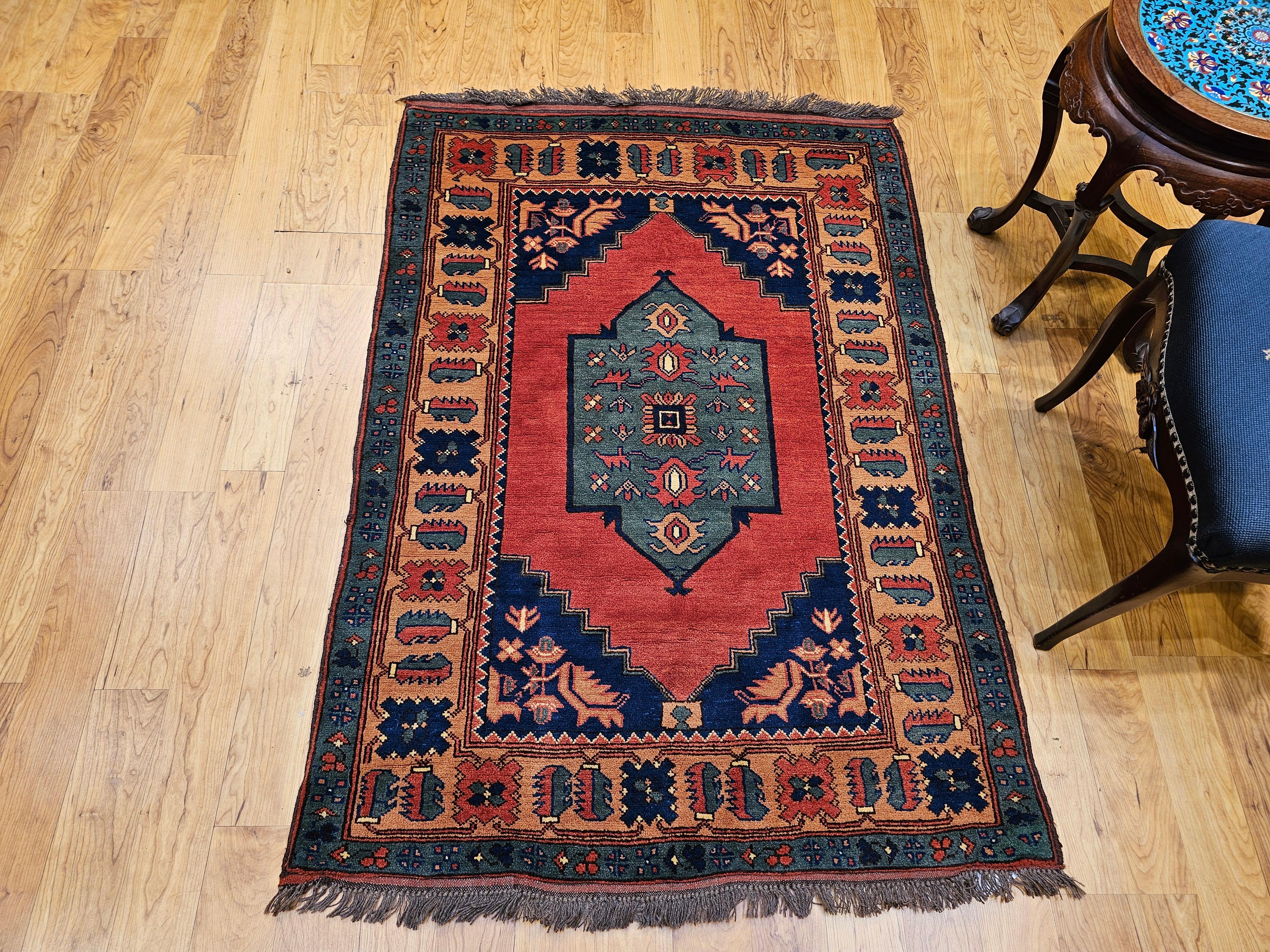 Vintage Kurdish Area Rug in Geometric Pattern in Brick, Camel, Green, Navy For Sale 7