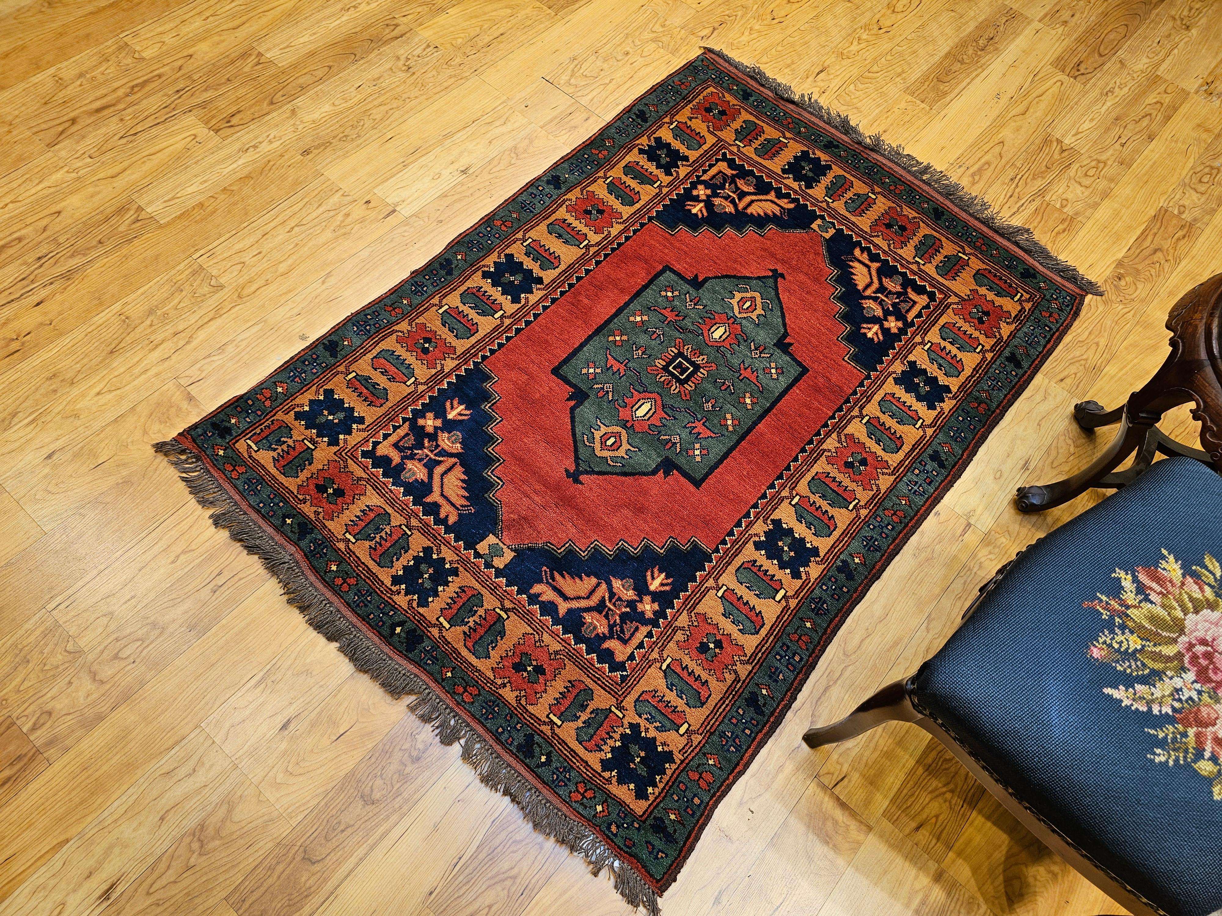Vintage Kurdish Area Rug in Geometric Pattern in Brick, Camel, Green, Navy For Sale 8