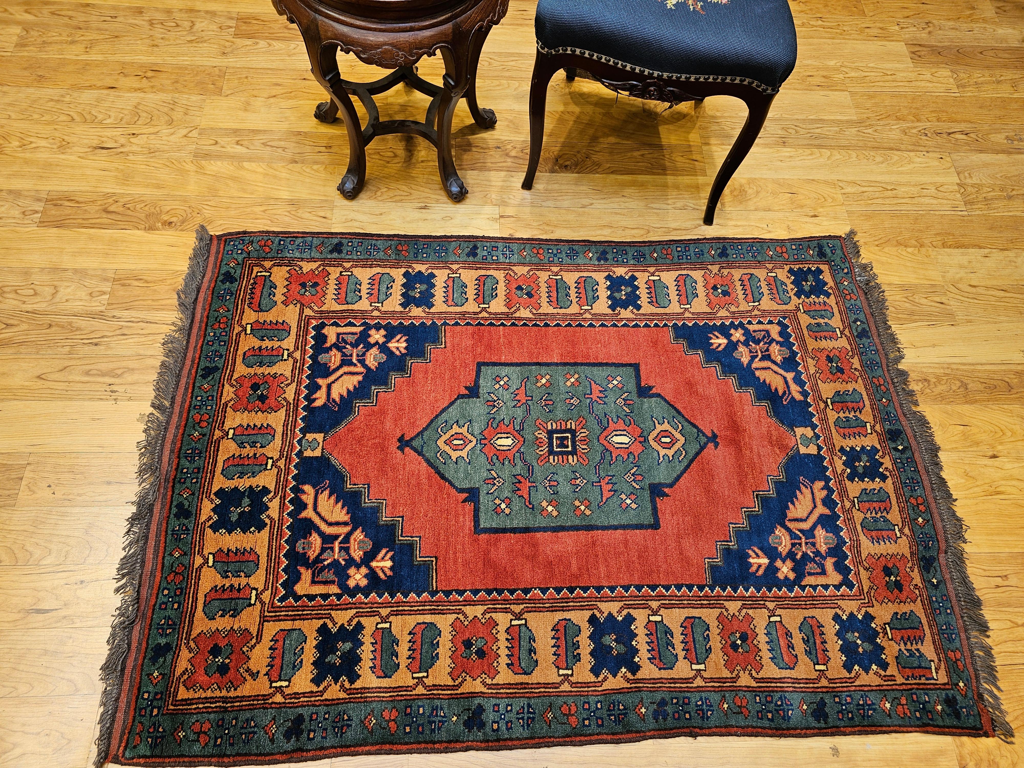 Vintage Kurdish Area Rug in Geometric Pattern in Brick, Camel, Green, Navy For Sale 9