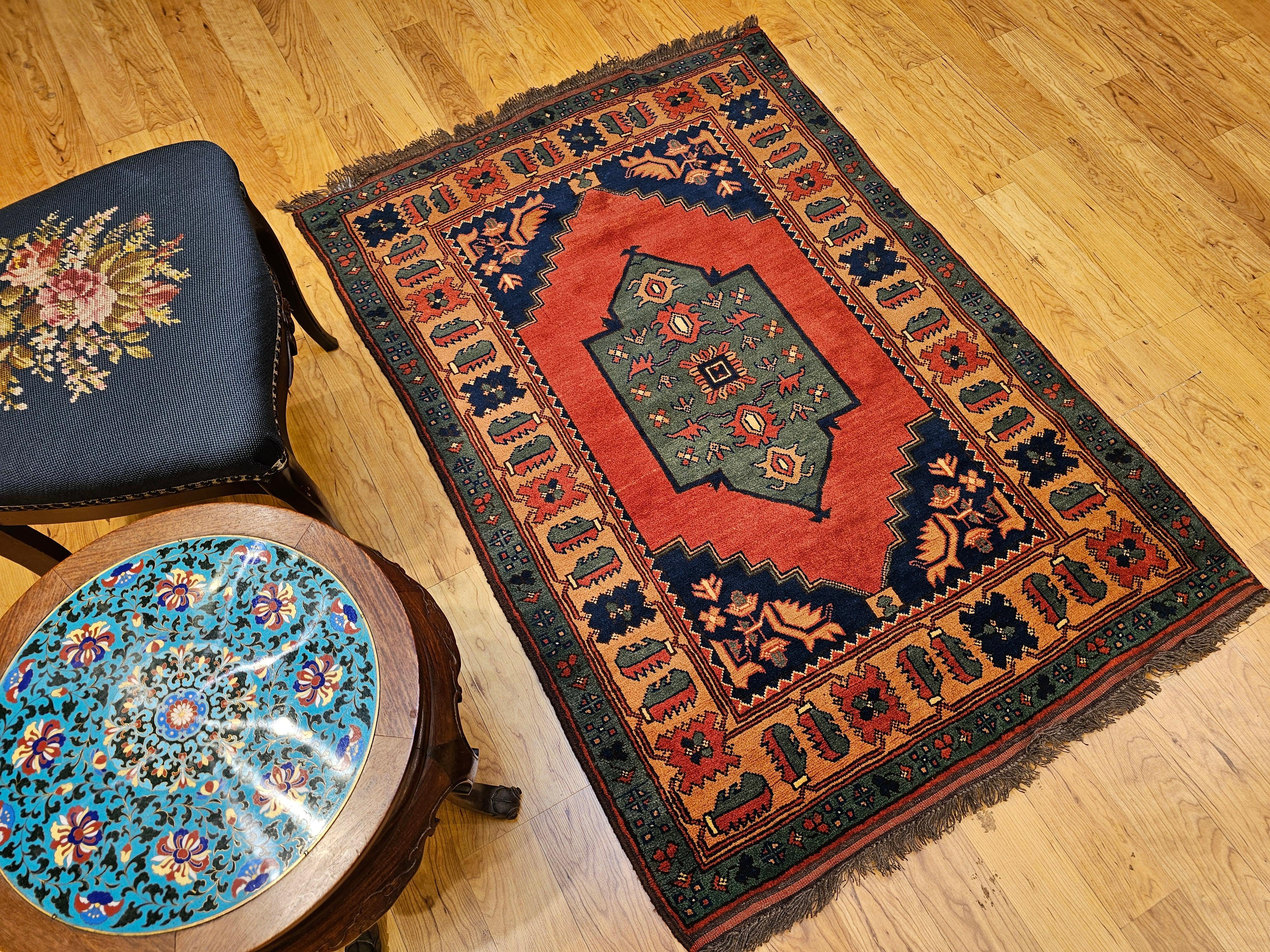 Vintage Kurdish Area Rug in Geometric Pattern in Brick, Camel, Green, Navy For Sale 10