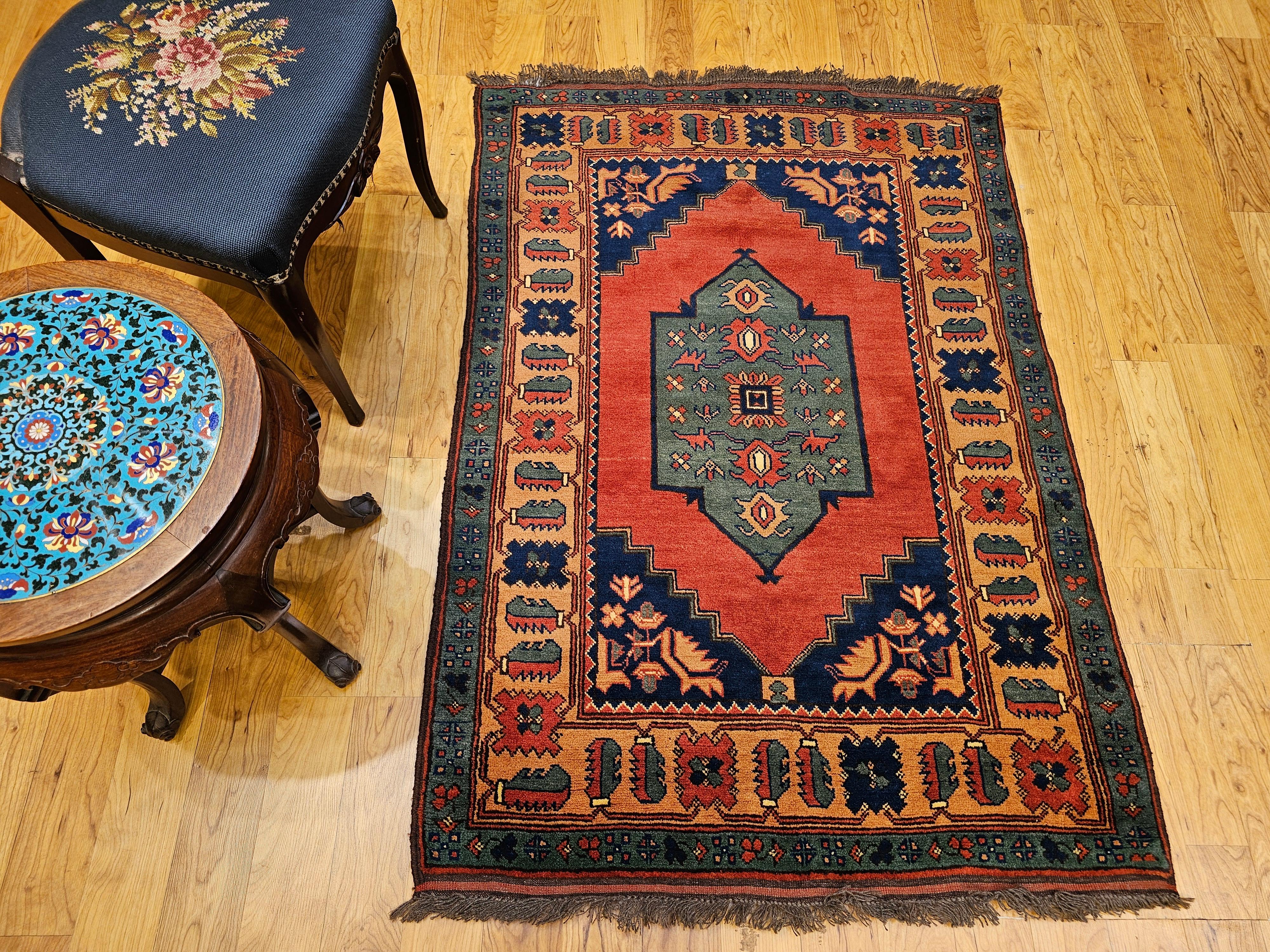 Vintage Kurdish Area Rug in Geometric Pattern in Brick, Camel, Green, Navy For Sale 11