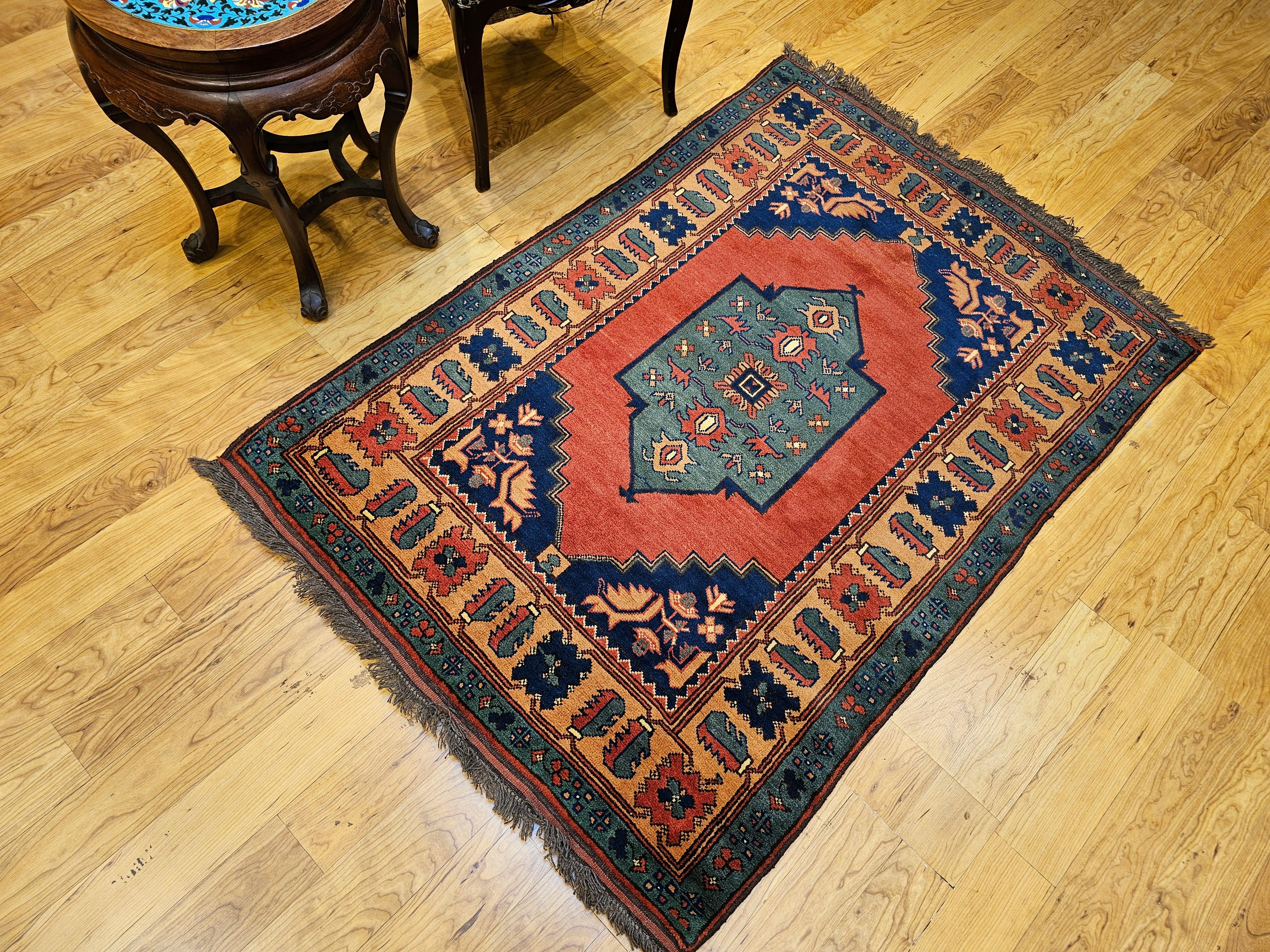 Vintage Kurdish Area Rug in Geometric Pattern in Brick, Camel, Green, Navy For Sale 12