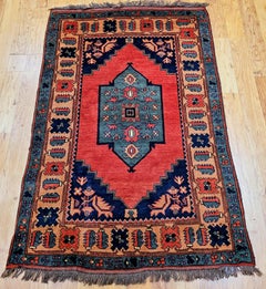 Vintage Kurdish Area Rug in Geometric Pattern in Brick, Camel, Green, Navy