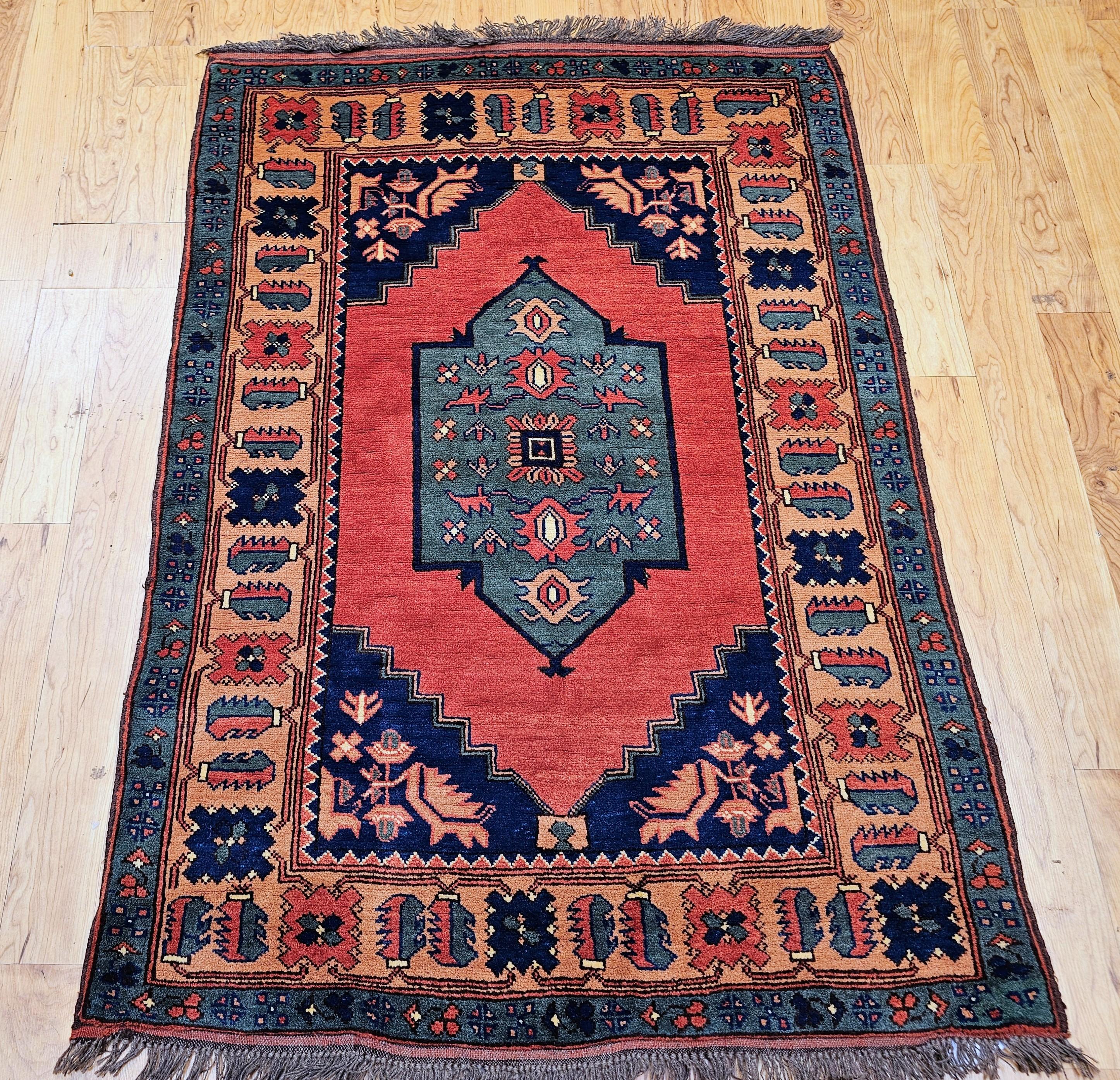 Turkish Vintage Kurdish Area Rug in Geometric Pattern in Brick, Camel, Green, Navy For Sale