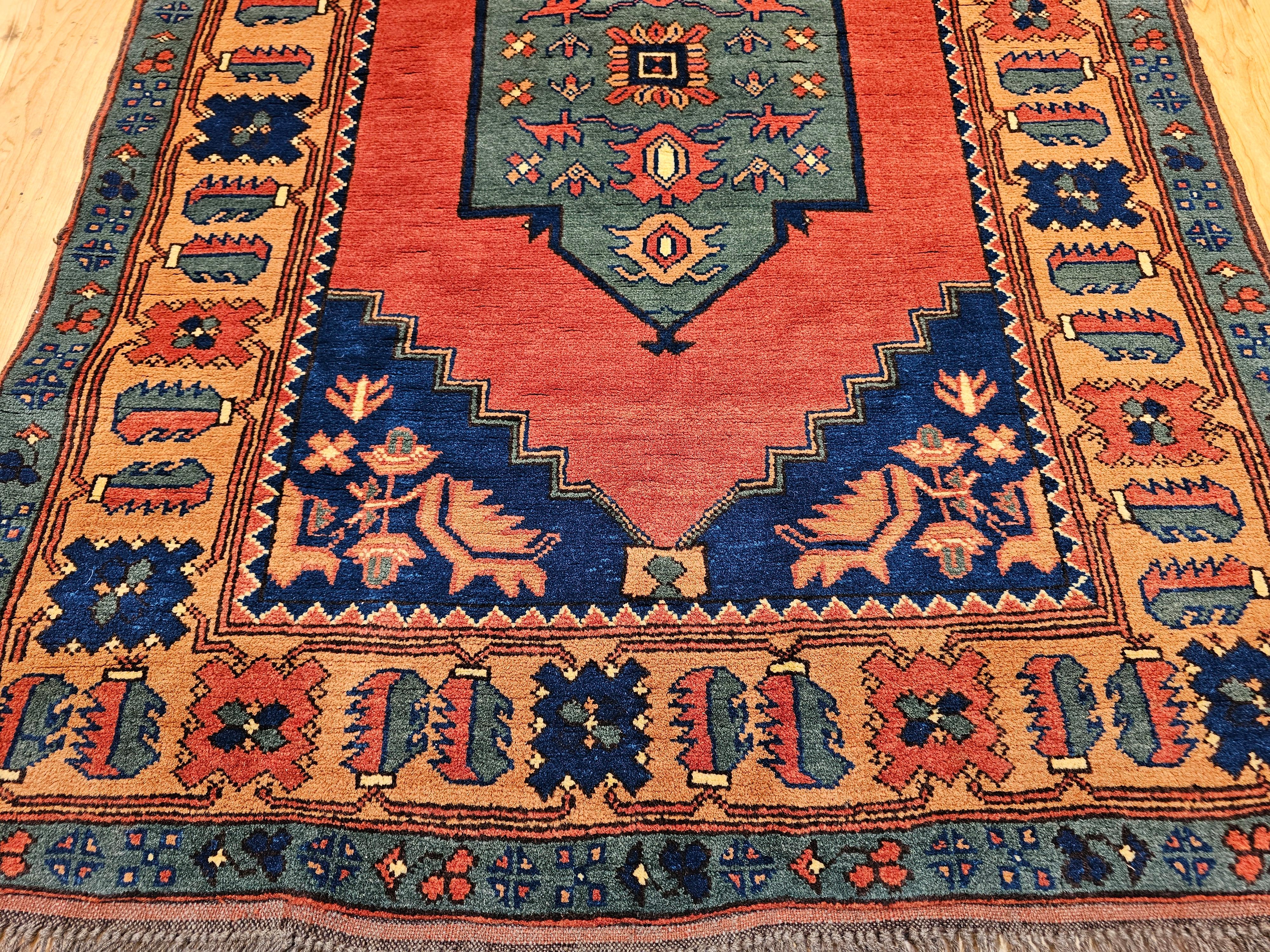 Vegetable Dyed Vintage Kurdish Area Rug in Geometric Pattern in Brick, Camel, Green, Navy For Sale