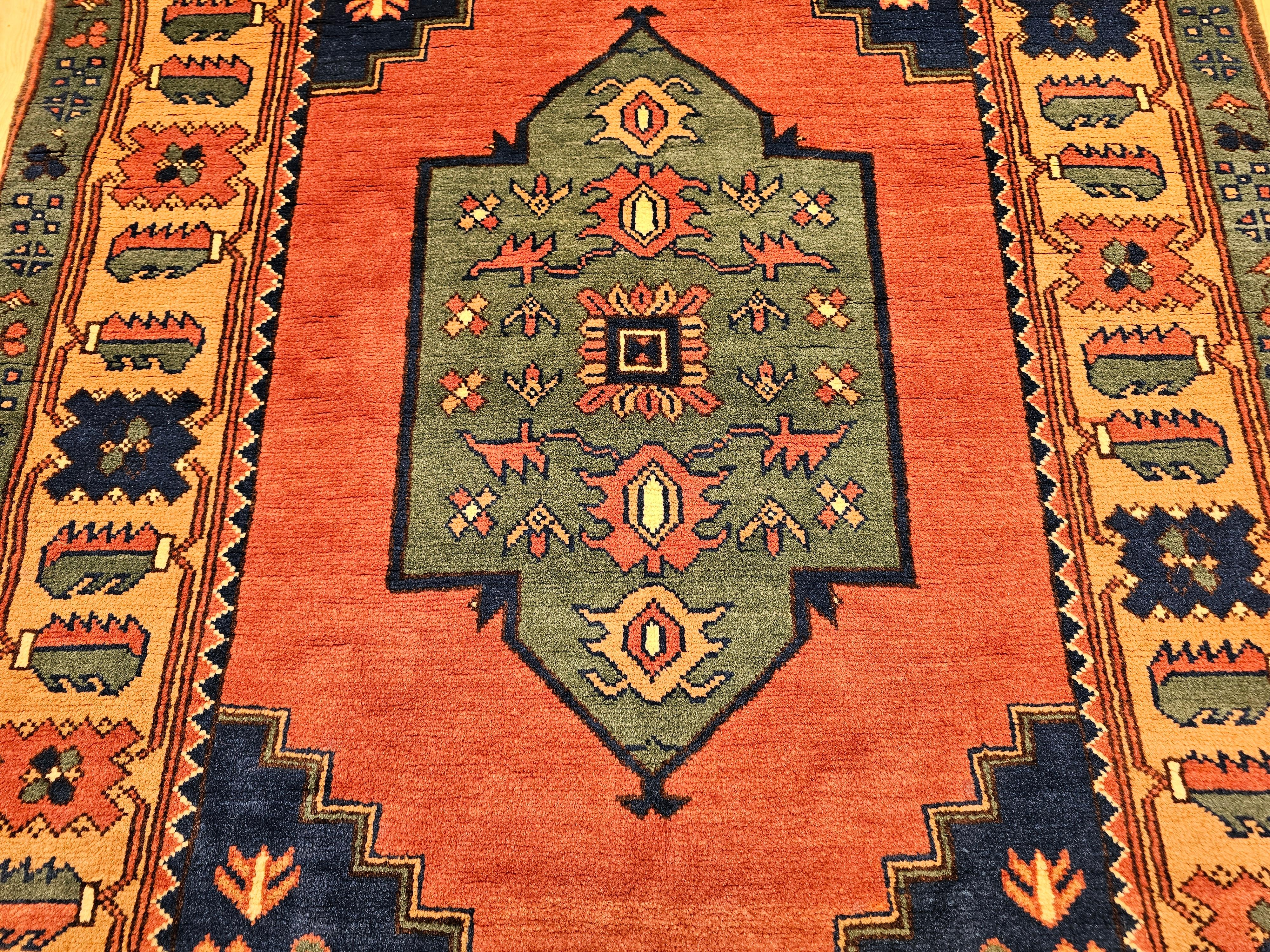 Vintage Kurdish Area Rug in Geometric Pattern in Brick, Camel, Green, Navy In Good Condition For Sale In Barrington, IL