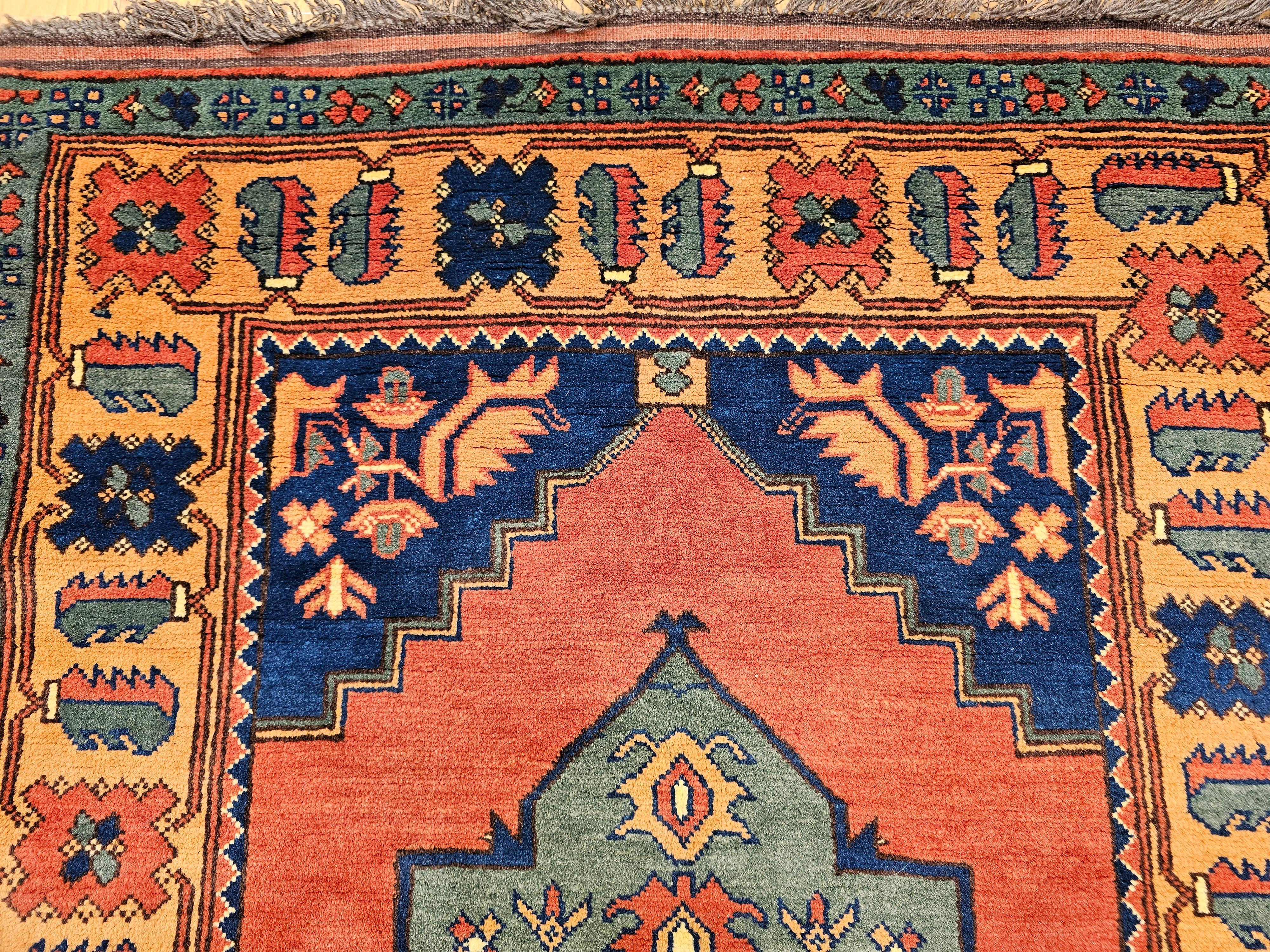 20th Century Vintage Kurdish Area Rug in Geometric Pattern in Brick, Camel, Green, Navy For Sale