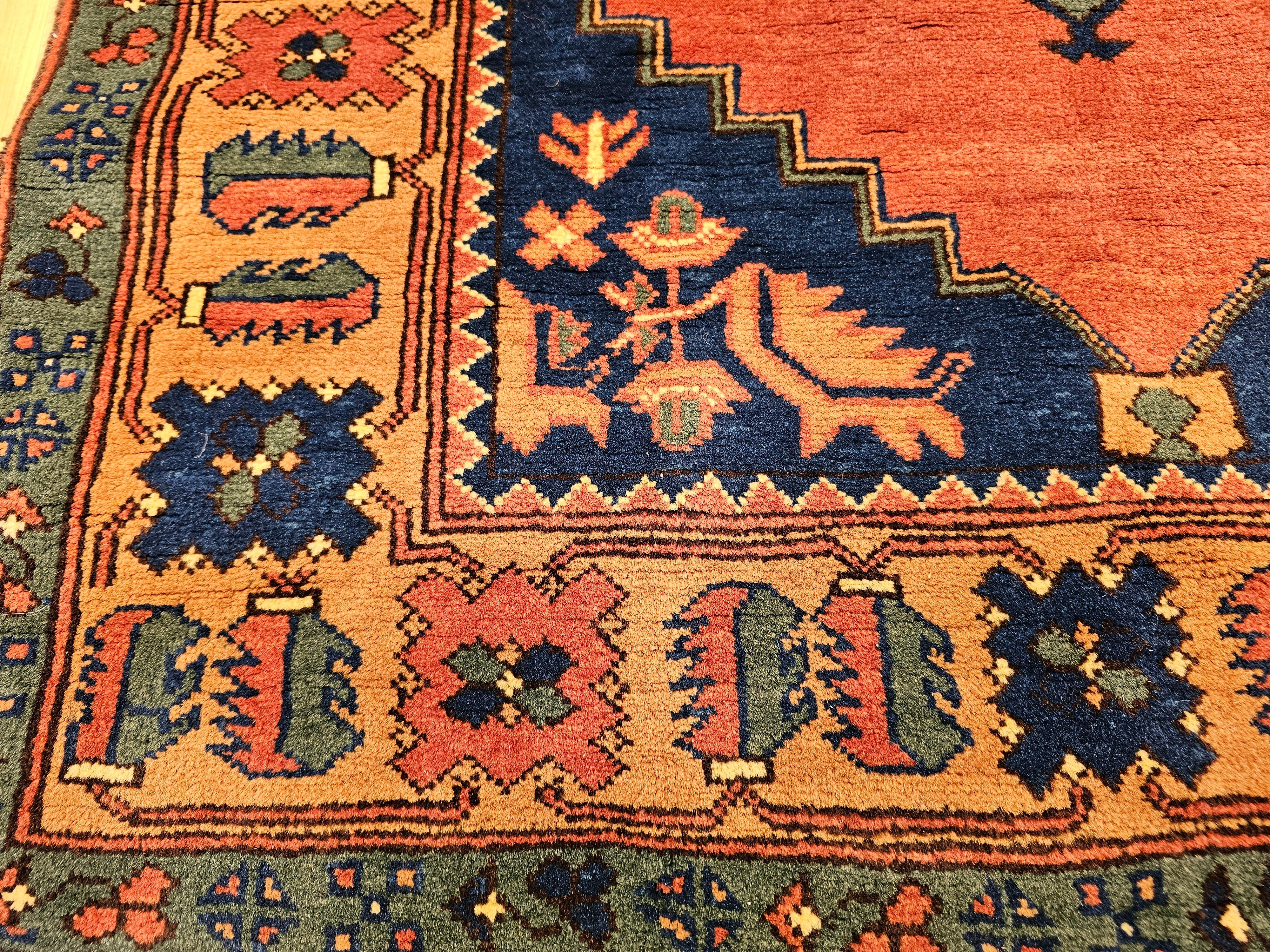 Wool Vintage Kurdish Area Rug in Geometric Pattern in Brick, Camel, Green, Navy For Sale