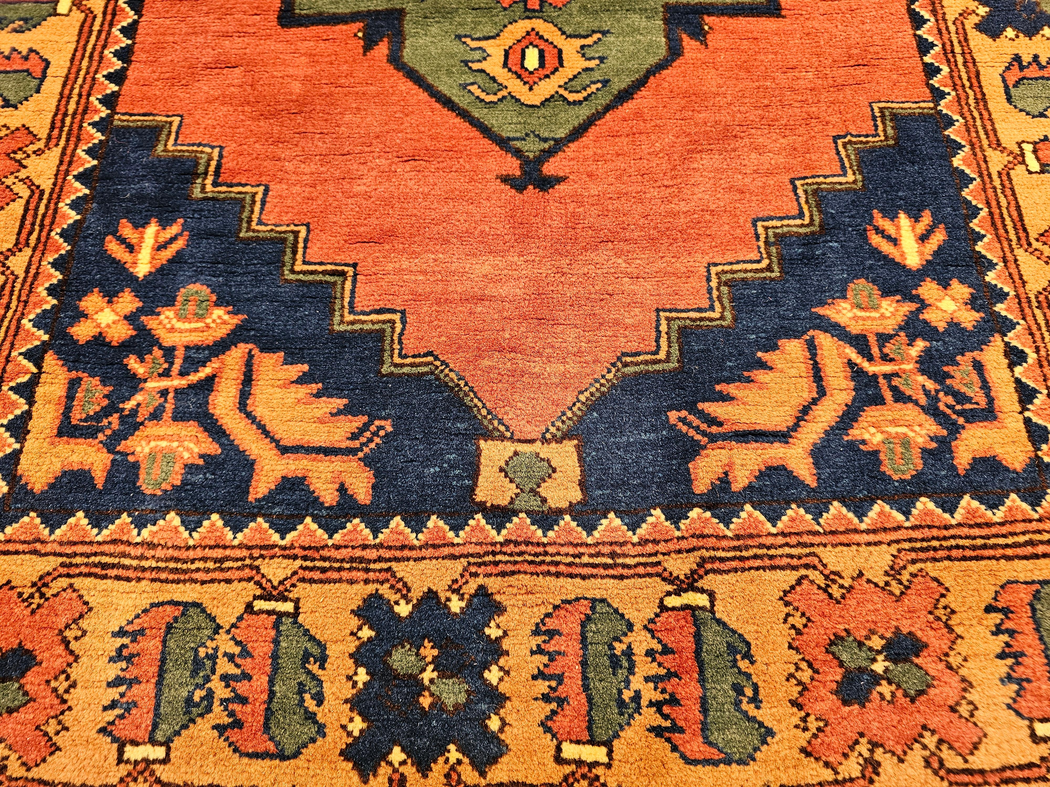 Vintage Kurdish Area Rug in Geometric Pattern in Brick, Camel, Green, Navy For Sale 1