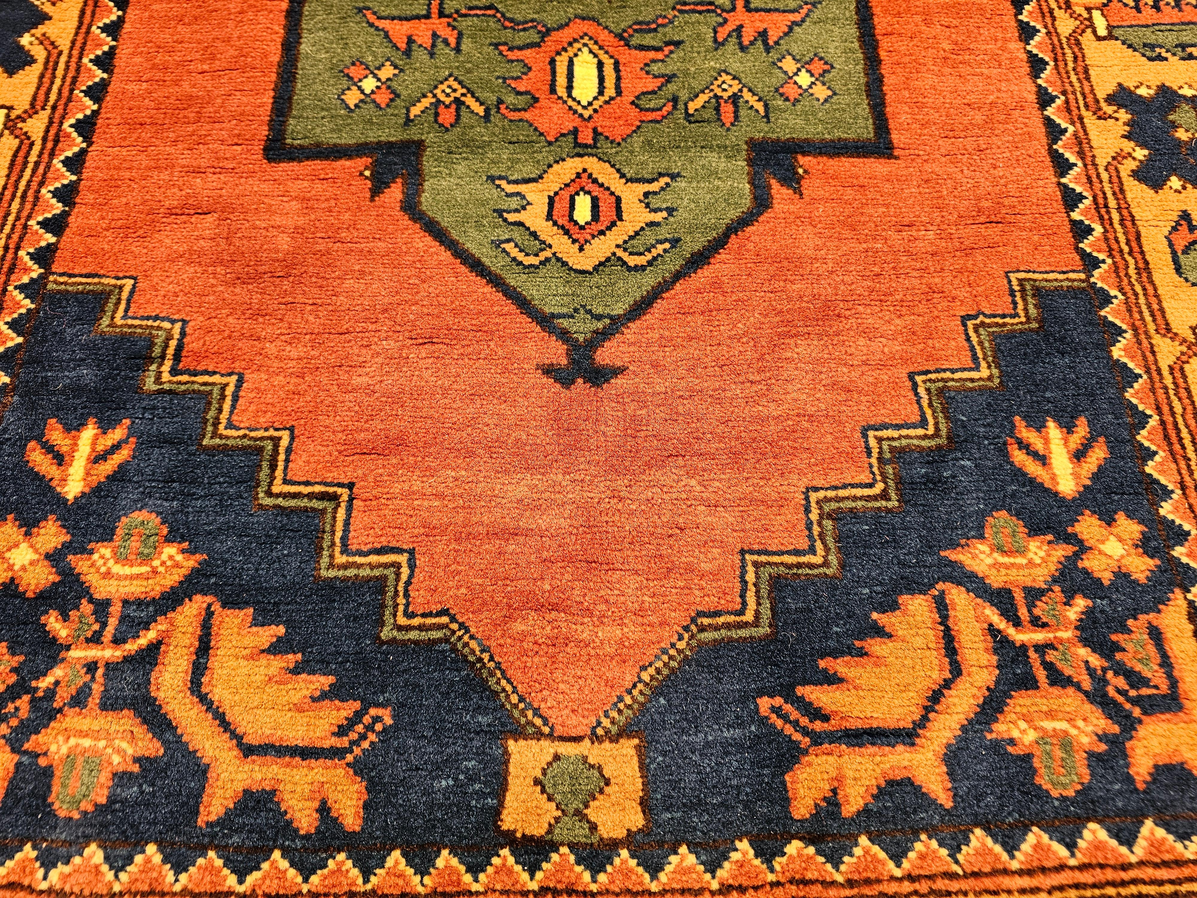 Vintage Kurdish Area Rug in Geometric Pattern in Brick, Camel, Green, Navy For Sale 2