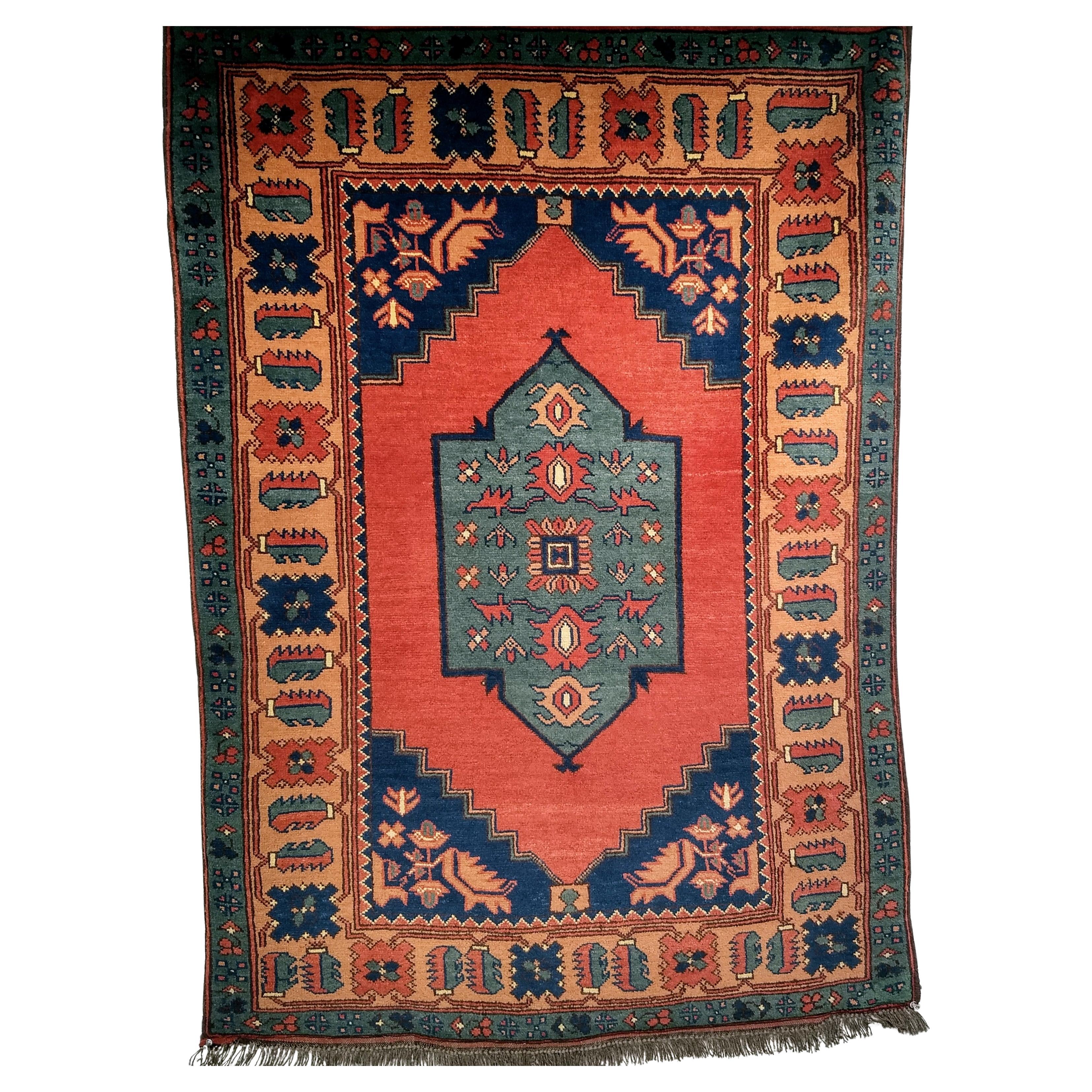Vintage Kurdish Area Rug in Geometric Pattern in Brick, Camel, Green, Navy For Sale