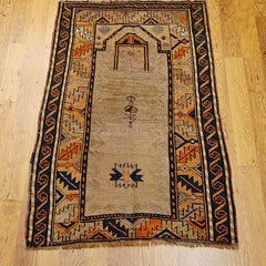 Vintage Kurdish Area Rug in Prayer Pattern in Camelhair, Brick, Navy