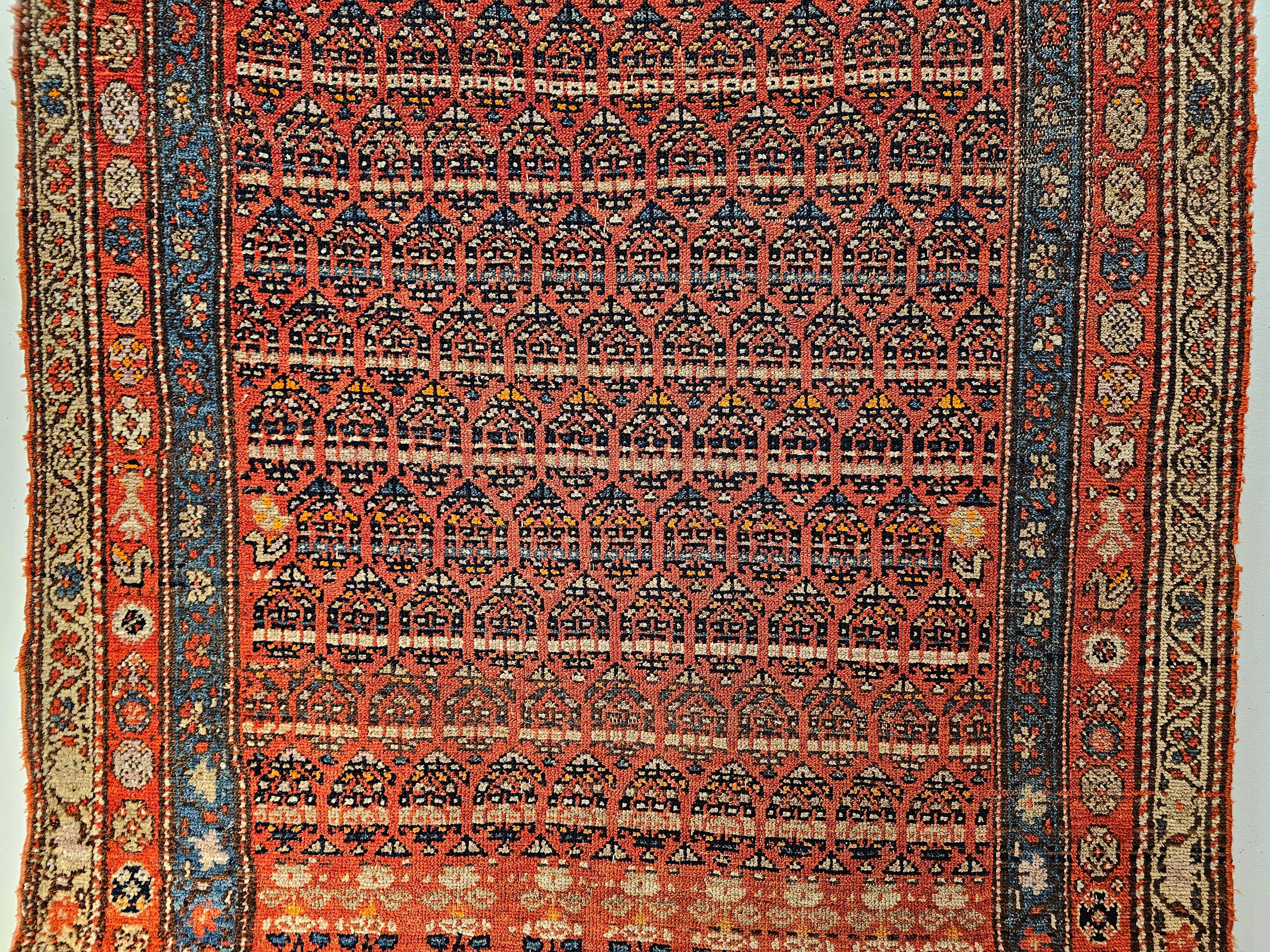 Wool Vintage Kurdish Bidjar Wide Runner in Paisley Design in Terracotta, French Blue For Sale