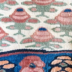 Vintage Kurdish Floral Kilim, Wool Rug, Ivory, Pink, and Green Flowers, c. 1940