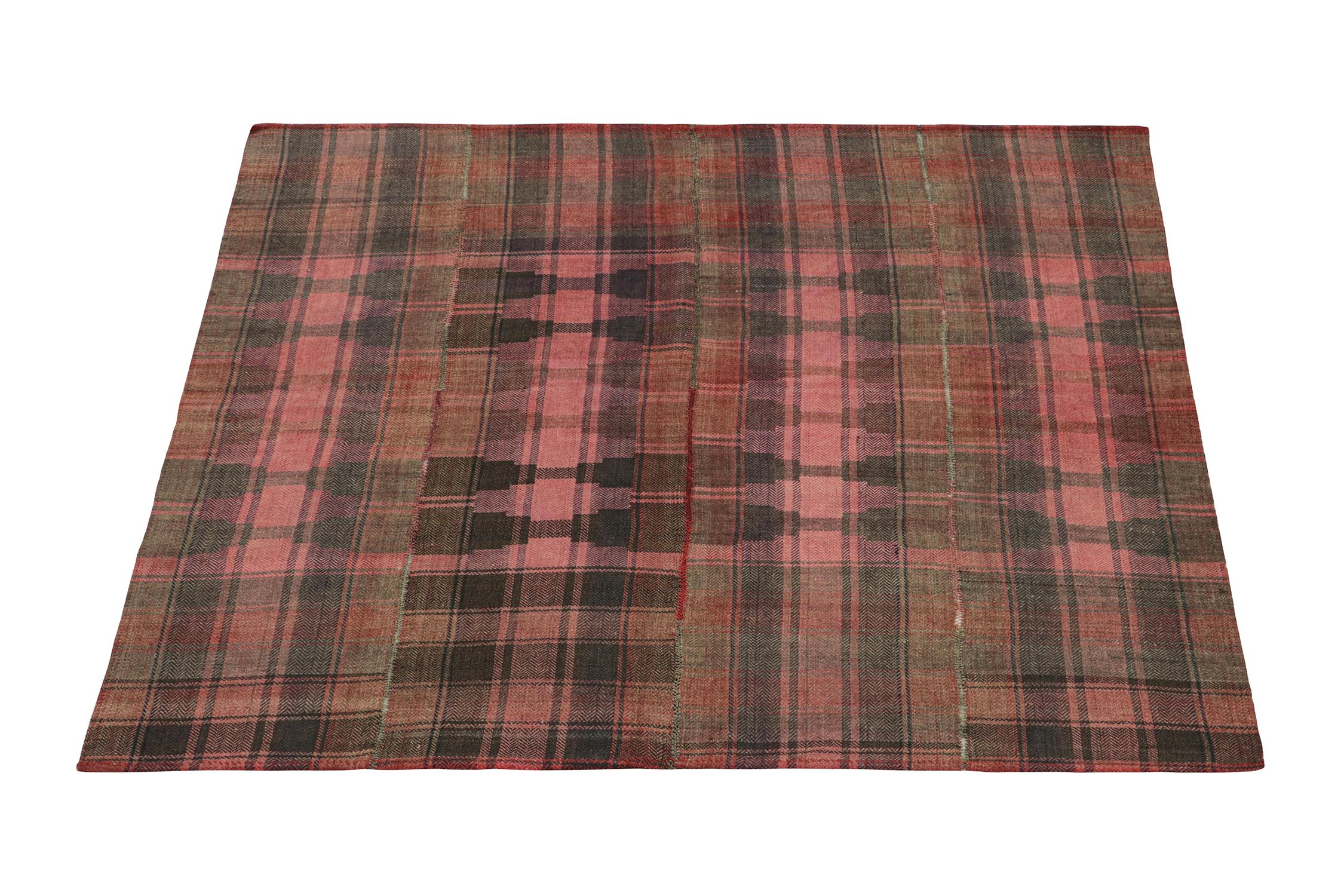 This vintage 5x6 Jajim kilim is believed to be a Kurdish tribal rug. Handwoven in wool, it originates circa 1950-1960. 

Further on the Design:

The design prefers geometric patterns in a vibrant pink with rich brown accents and red undertones. It’s
