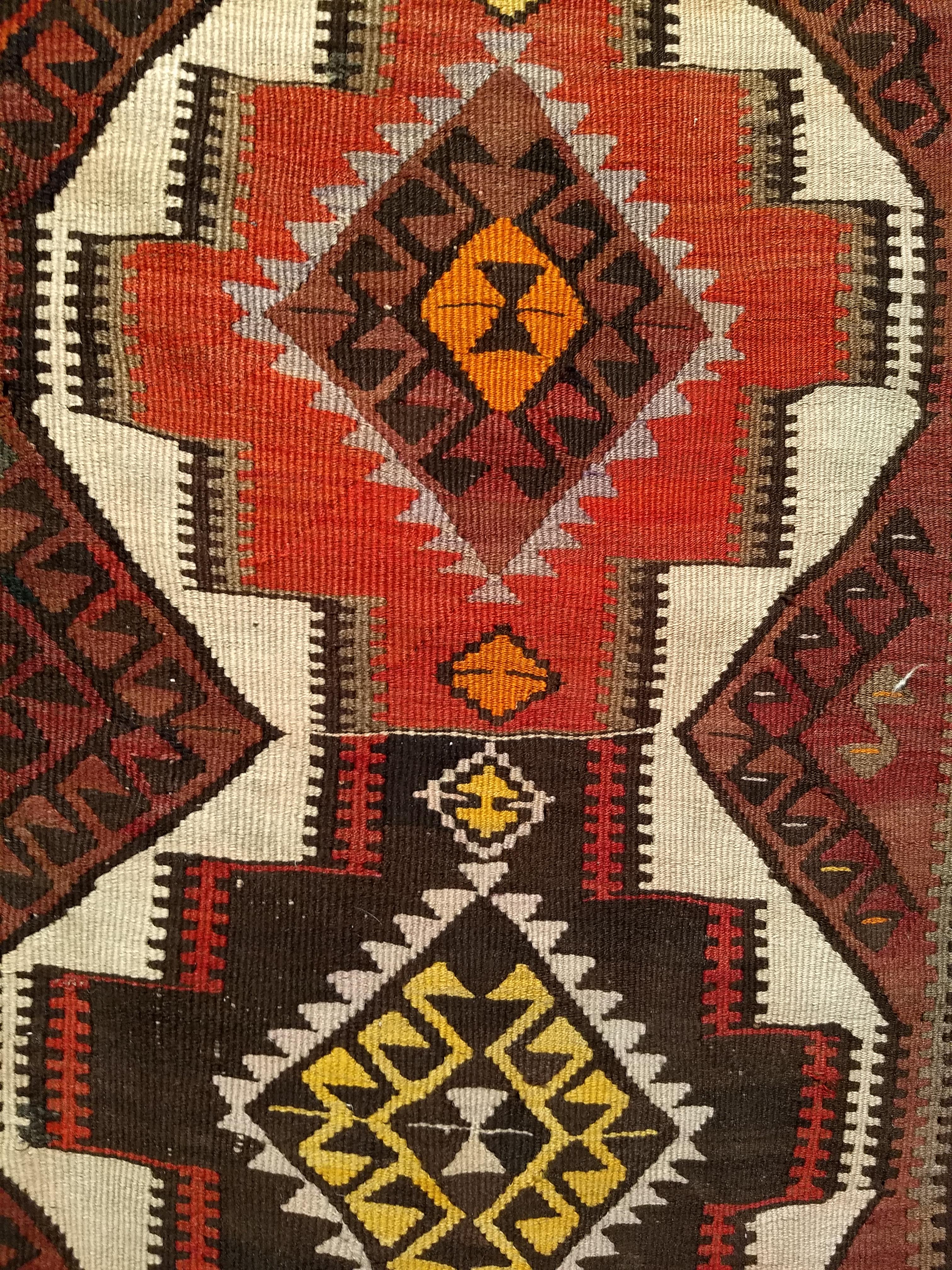 Vintage Kurdish Kilim in Allover Geometric Pattern in Brown, Ivory, Yellow, Red For Sale 4