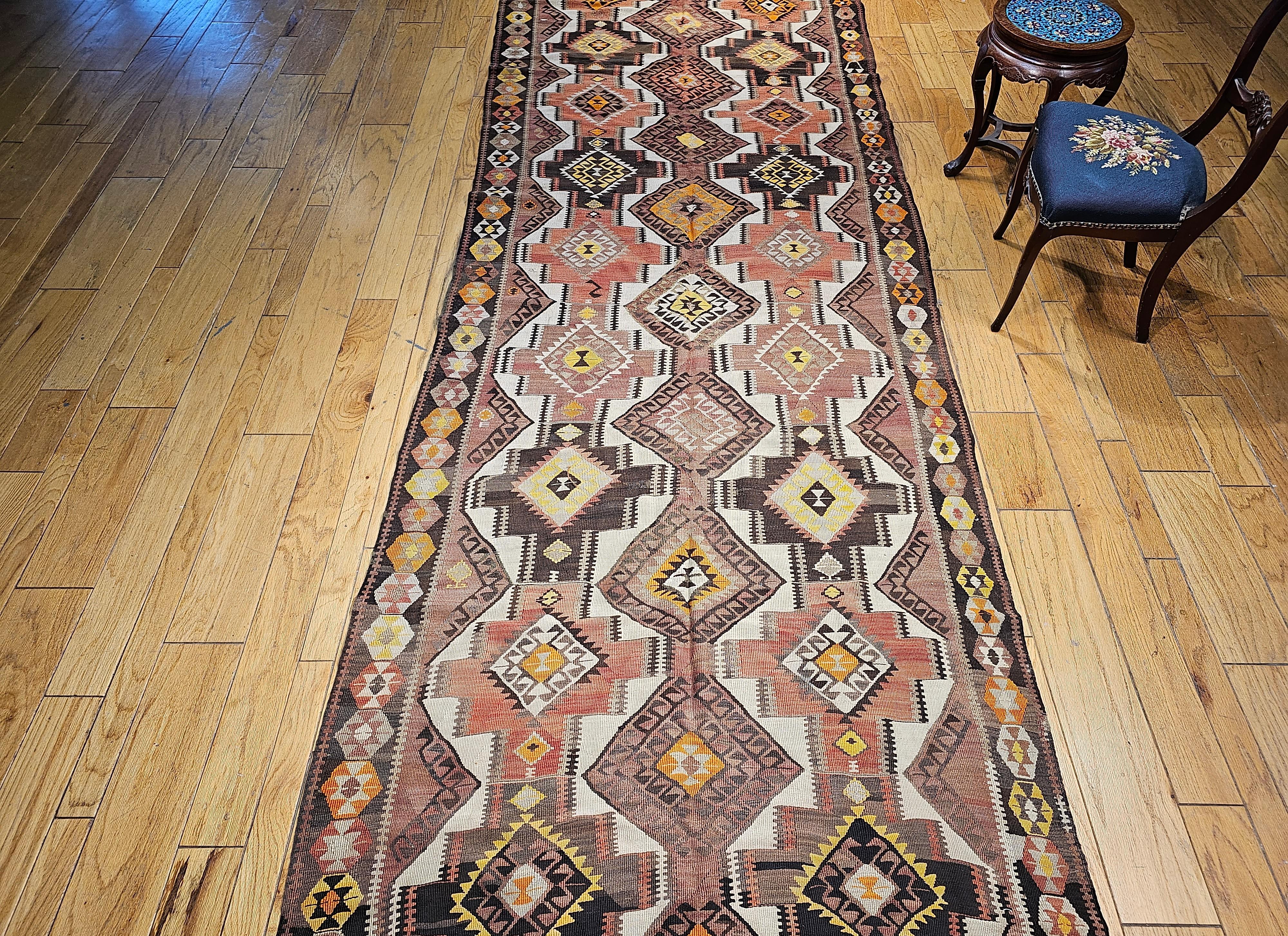 Vintage Kurdish Kilim in Allover Geometric Pattern in Brown, Ivory, Yellow, Red For Sale 5