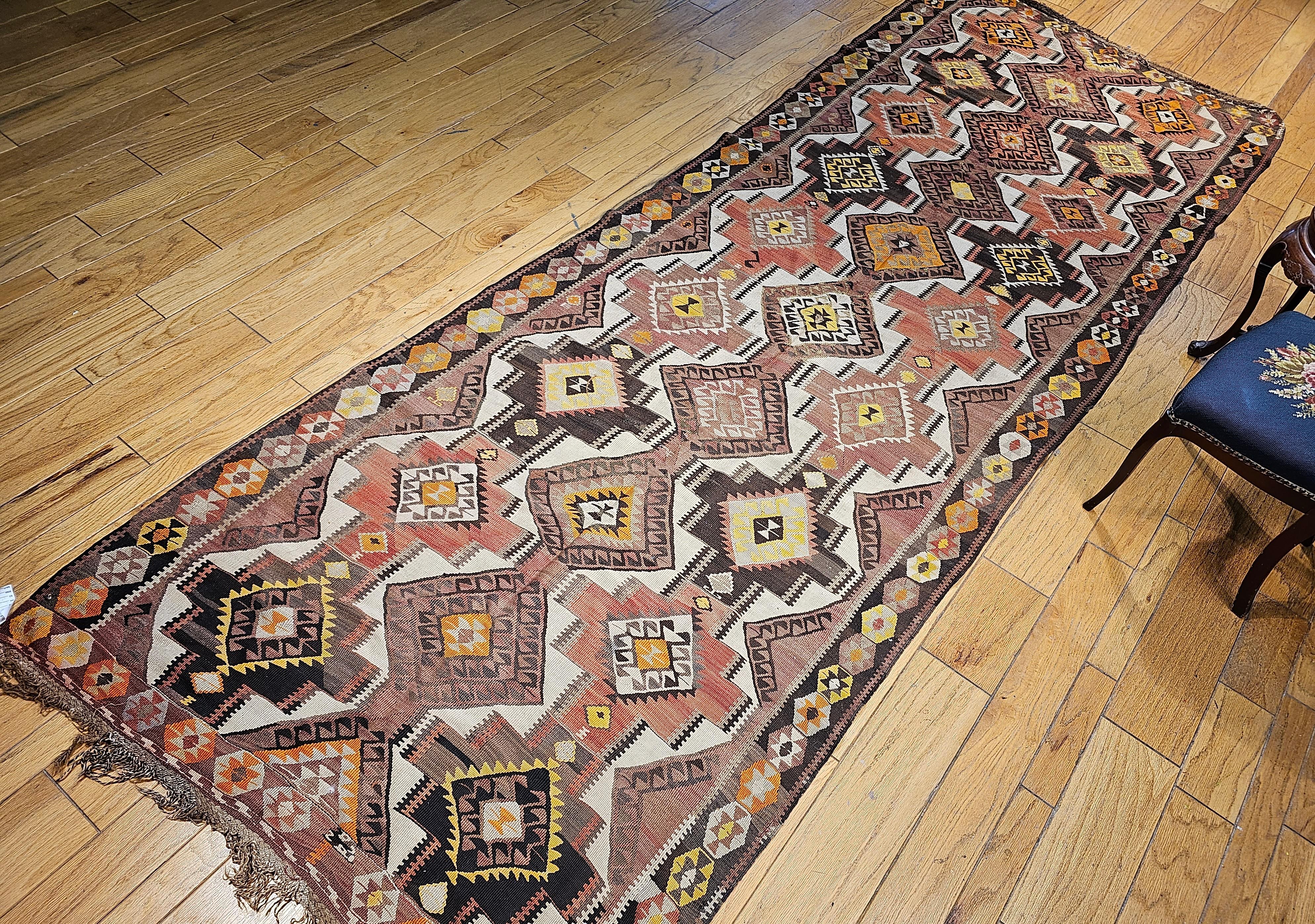 Vintage Kurdish Kilim in Allover Geometric Pattern in Brown, Ivory, Yellow, Red For Sale 7