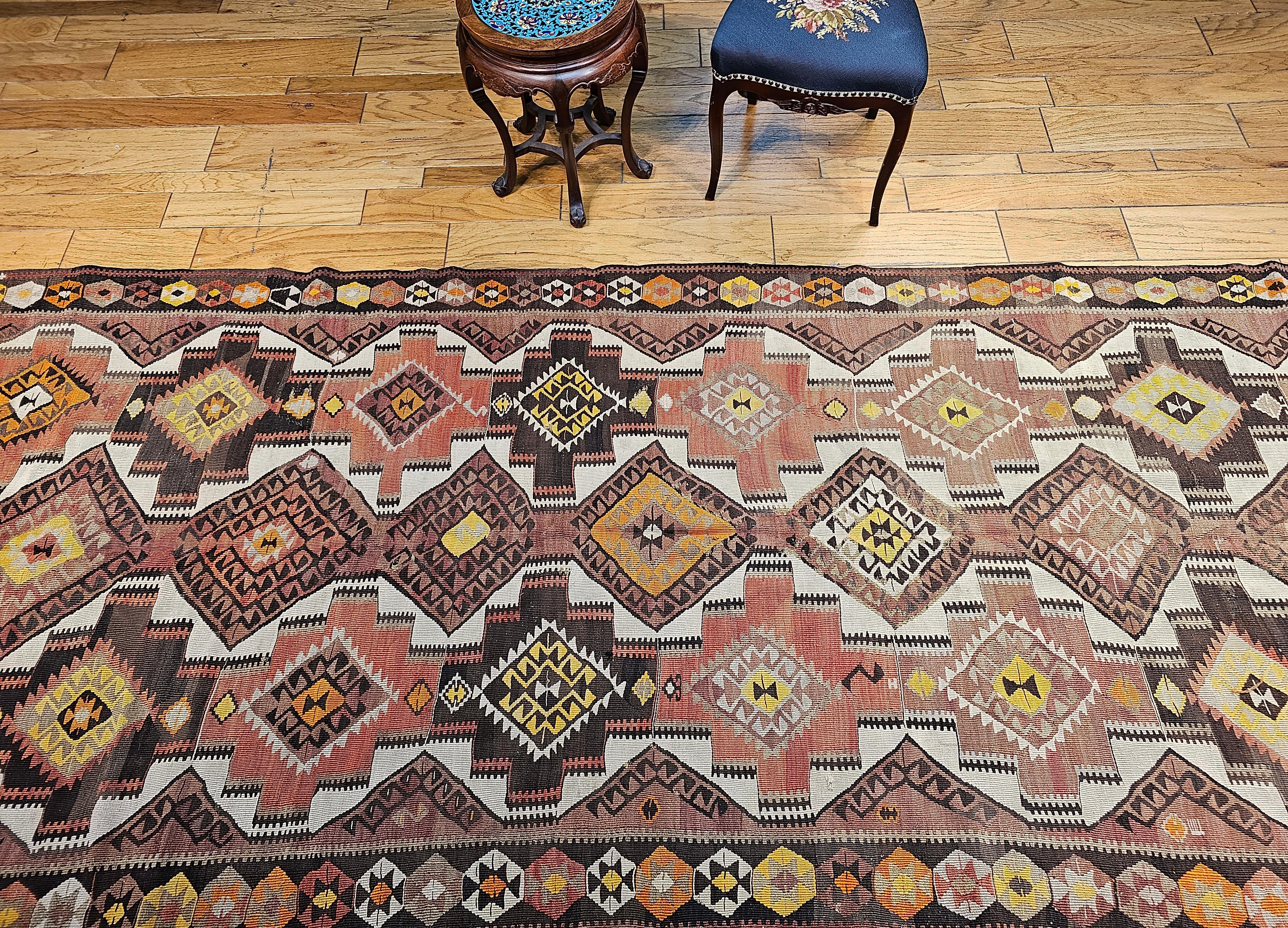 Vintage Kurdish Kilim in Allover Geometric Pattern in Brown, Ivory, Yellow, Red For Sale 8
