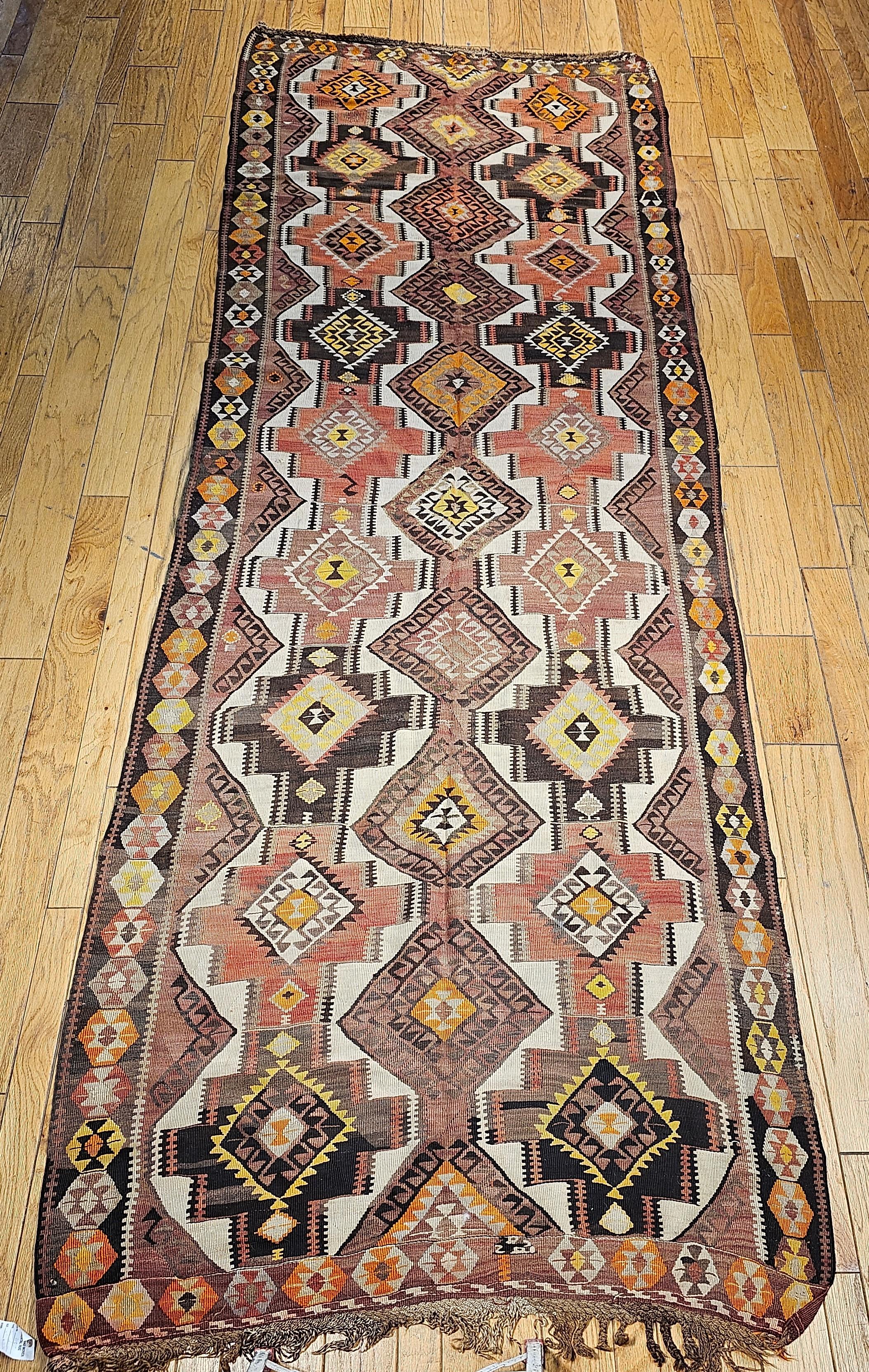 Vintage Kurdish Kilim in Allover Geometric Pattern in Brown, Ivory, Yellow, Red For Sale 11