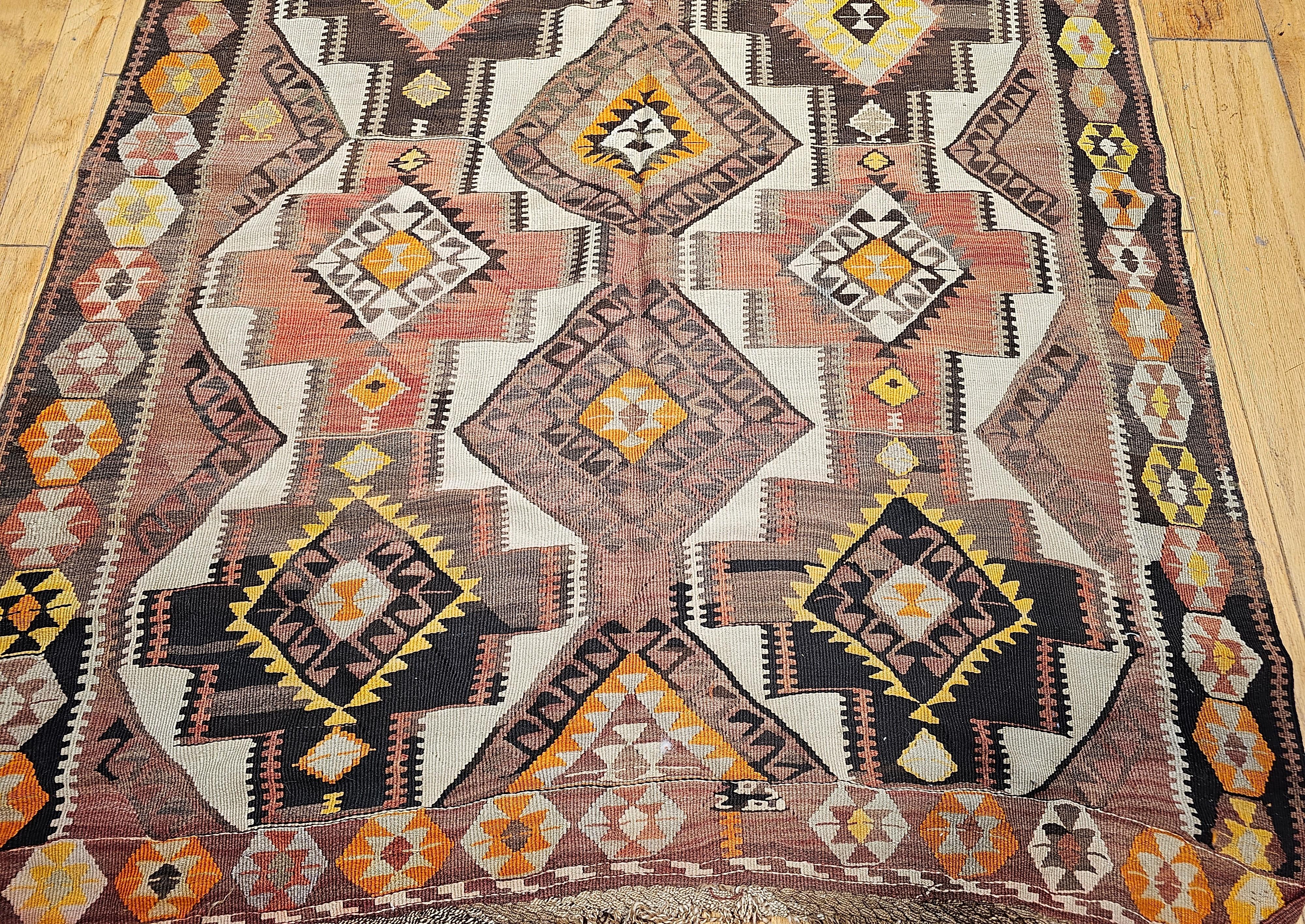 Turkish Vintage Kurdish Kilim in Allover Geometric Pattern in Brown, Ivory, Yellow, Red For Sale