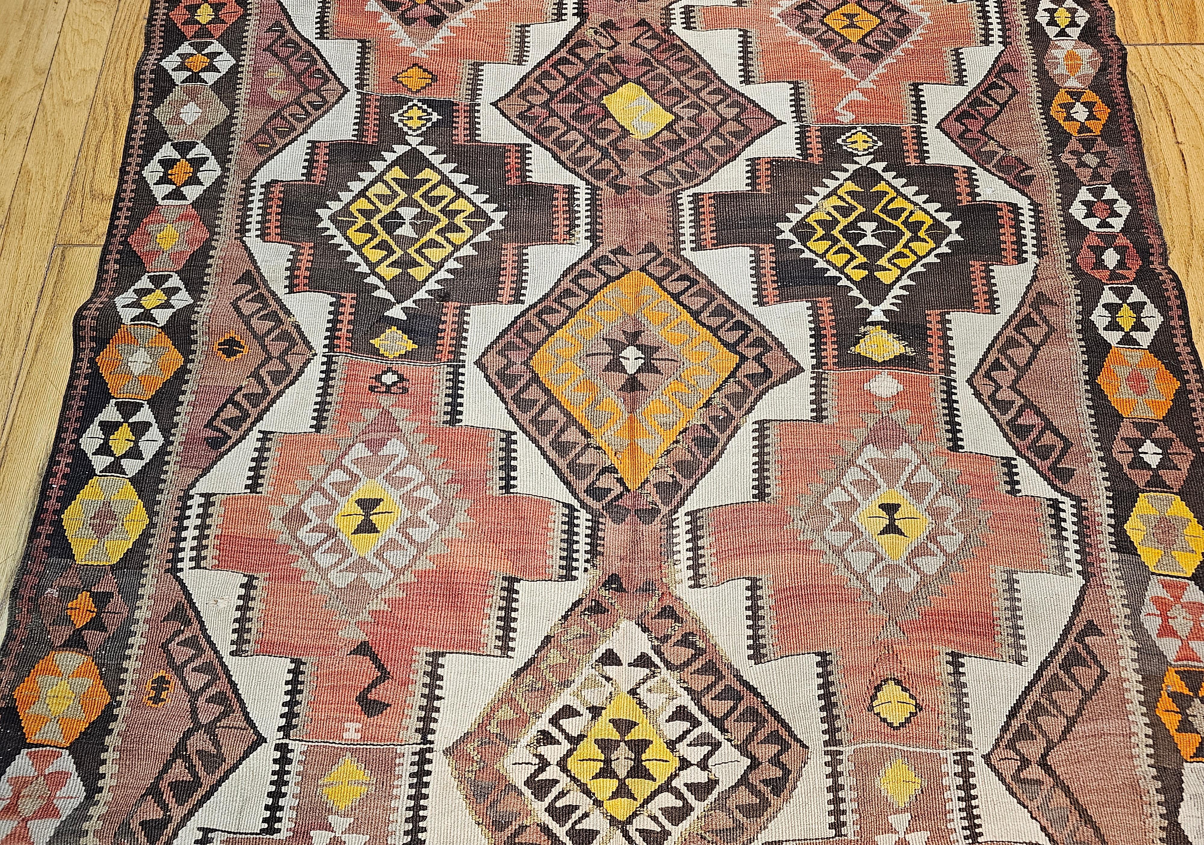 Vintage Kurdish Kilim in Allover Geometric Pattern in Brown, Ivory, Yellow, Red In Good Condition For Sale In Barrington, IL