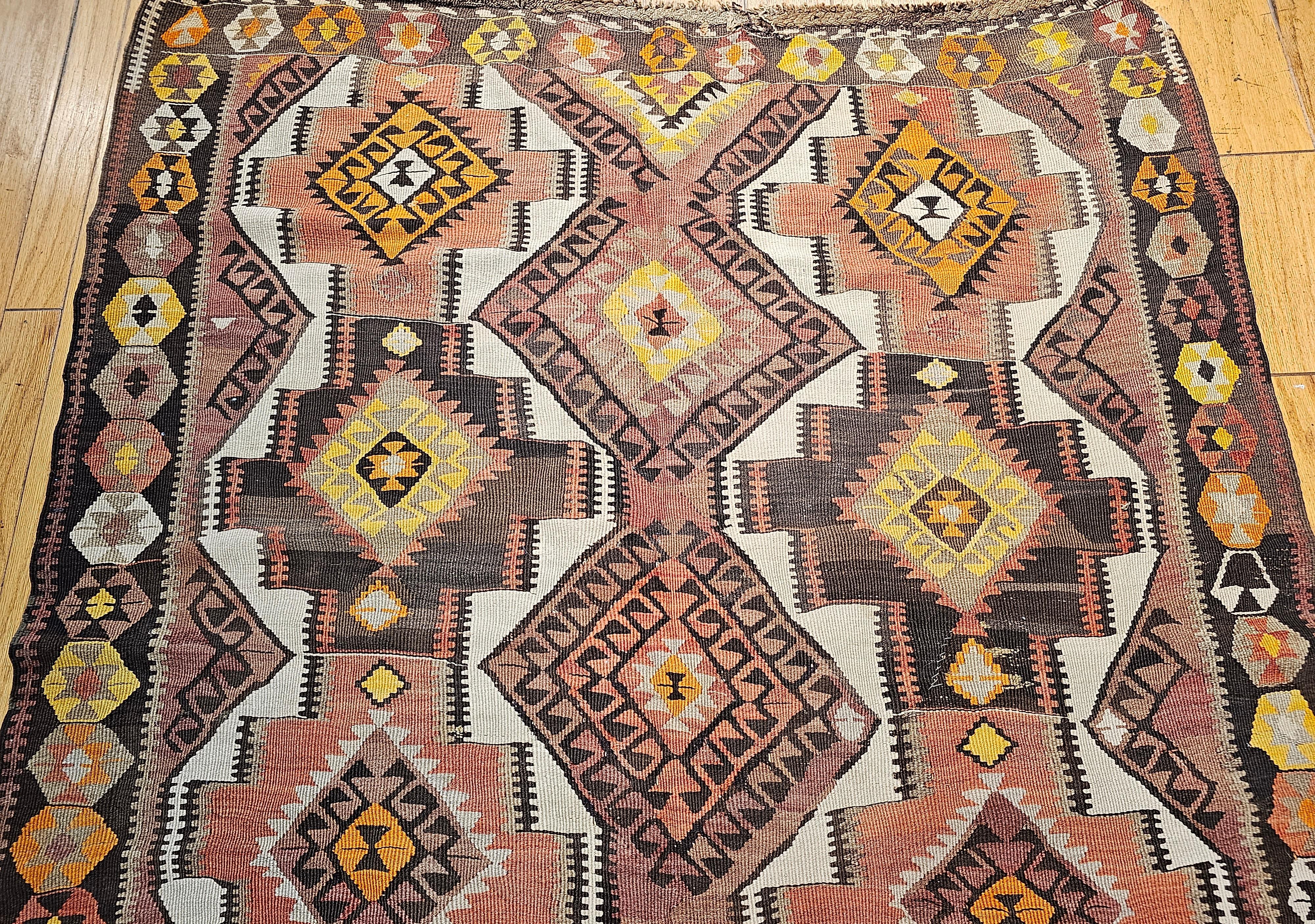 20th Century Vintage Kurdish Kilim in Allover Geometric Pattern in Brown, Ivory, Yellow, Red For Sale