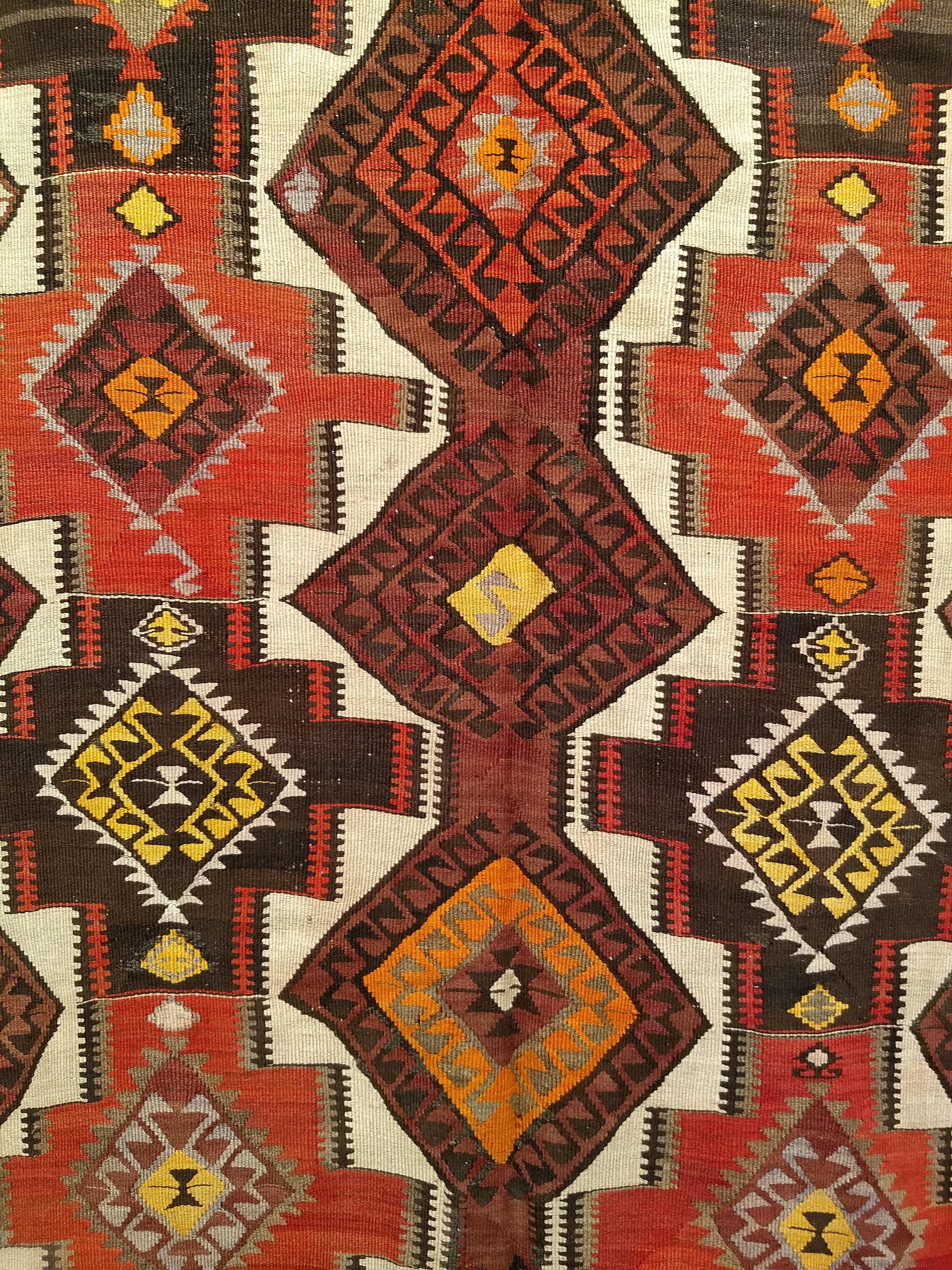 Vintage Kurdish Kilim in Allover Geometric Pattern in Brown, Ivory, Yellow, Red For Sale 1